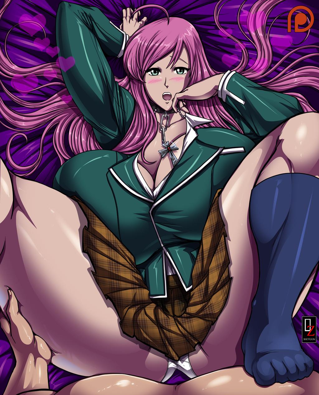 akashiya_moka big_breasts disembodied_hand green_eyes hyper_breasts necklace osmar-shotgun pink_hair rosario+vampire school_uniform vampire