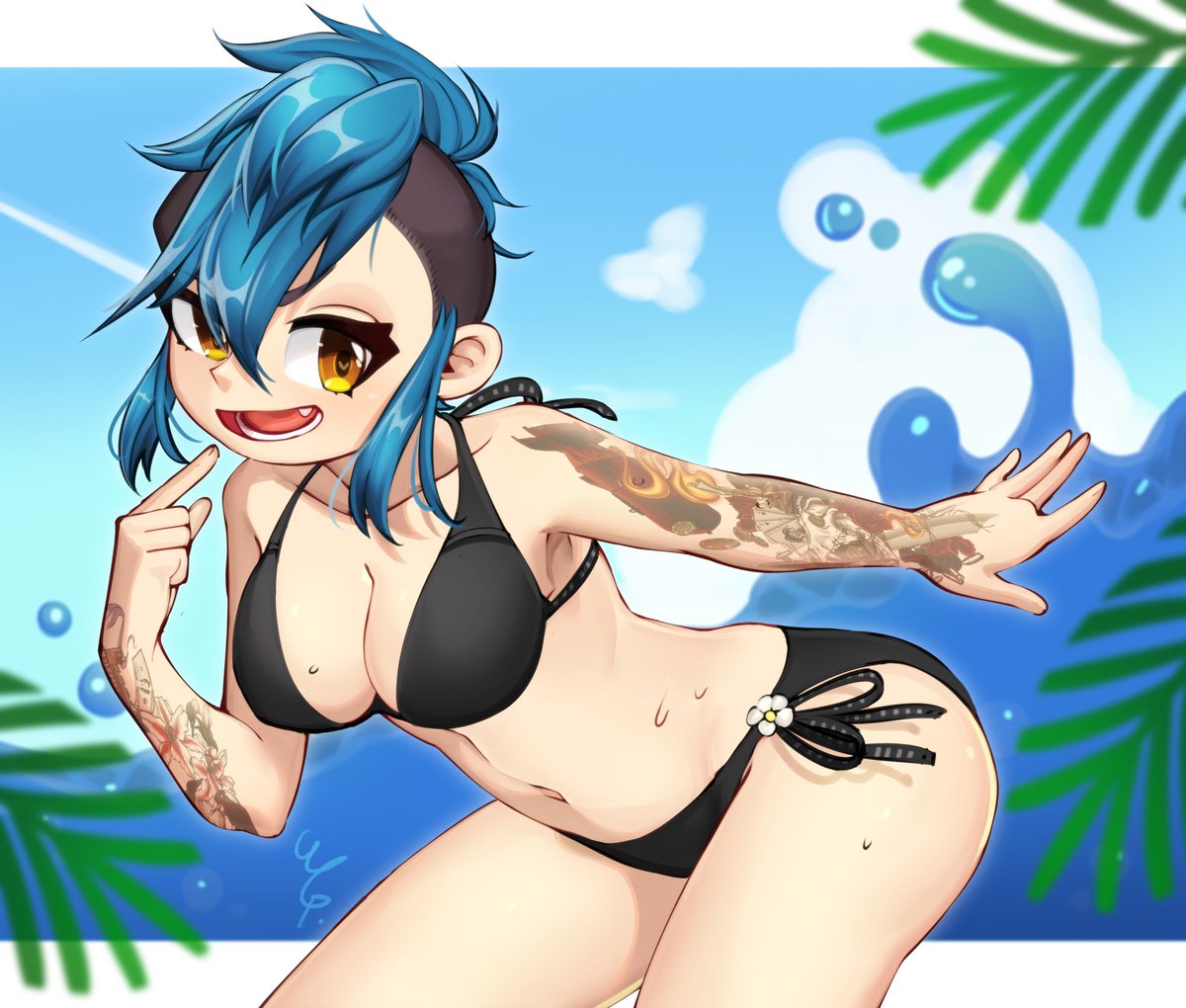 1girls beach big_breasts bikini blue_hair breasts cleavage female female_only heart-shaped_pupils payday_2 shaved_side solo swimsuit sydney_(payday_2) tattoo tattooed_arm thick_thighs wg-p wide_hips