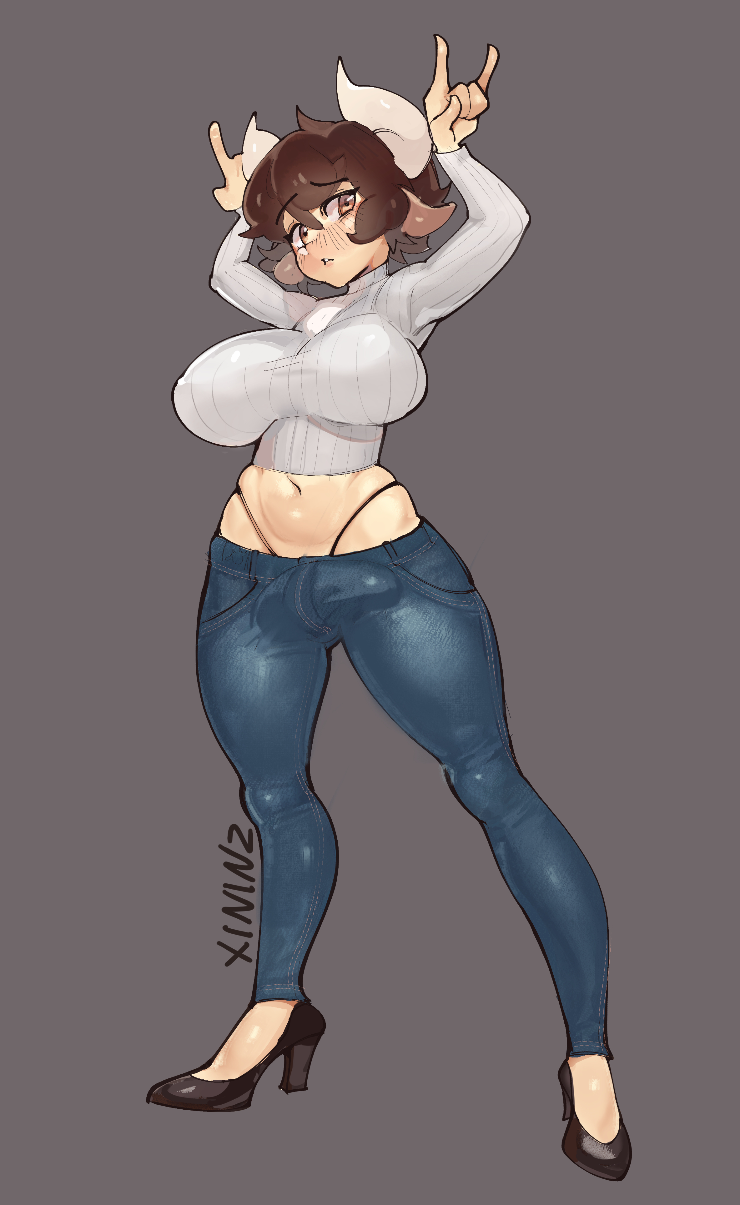 1futa, animal ears, big breasts, breasts, brown hair, bulge, cleavage, clothed, clothing, cow ears, cow girl, cow horns, dickgirl, erection under clothes, female, full body, fully clothed, futa only, futanari, high heels, horns, humanoid, intersex, kemonomimi, large breasts, pale skin, penis, penis under clothes, short hair, skindentation, solo, standing, sweater, tight clothing, wide hips, xininz