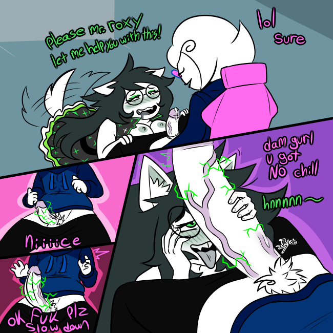 1boy 1girls breasts breasts_out dialogue dog_ears dog_tail female genderswap genderswap_(ftm) glasses green_eyes homestuck homestuck^2 huge_cock jade_harley penis penis_growth pierump roxy_lalonde tongue_out