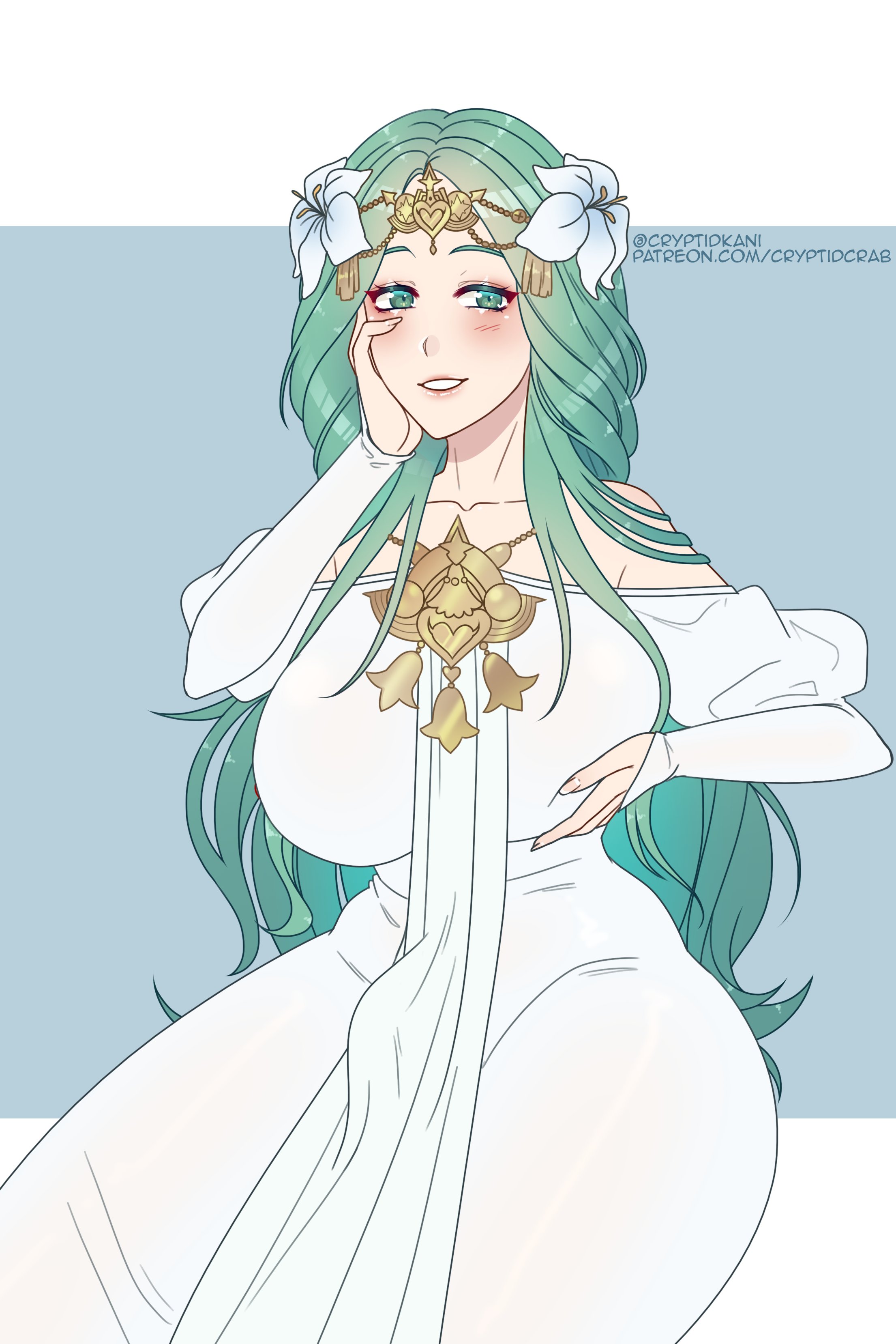 1futa, bare shoulders, big breasts, blush, breasts, collarbone, cryptid crab, dickgirl, erection, erection under clothes, female, fire emblem, fire emblem: three houses, fully clothed, futanari, green eyes, green hair, huge breasts, intersex, large breasts, long hair, looking at viewer, mature, mature female, milf, nintendo, rhea (fire emblem), solo, solo female, thick thighs, tight clothing, very long hair, voluptuous
