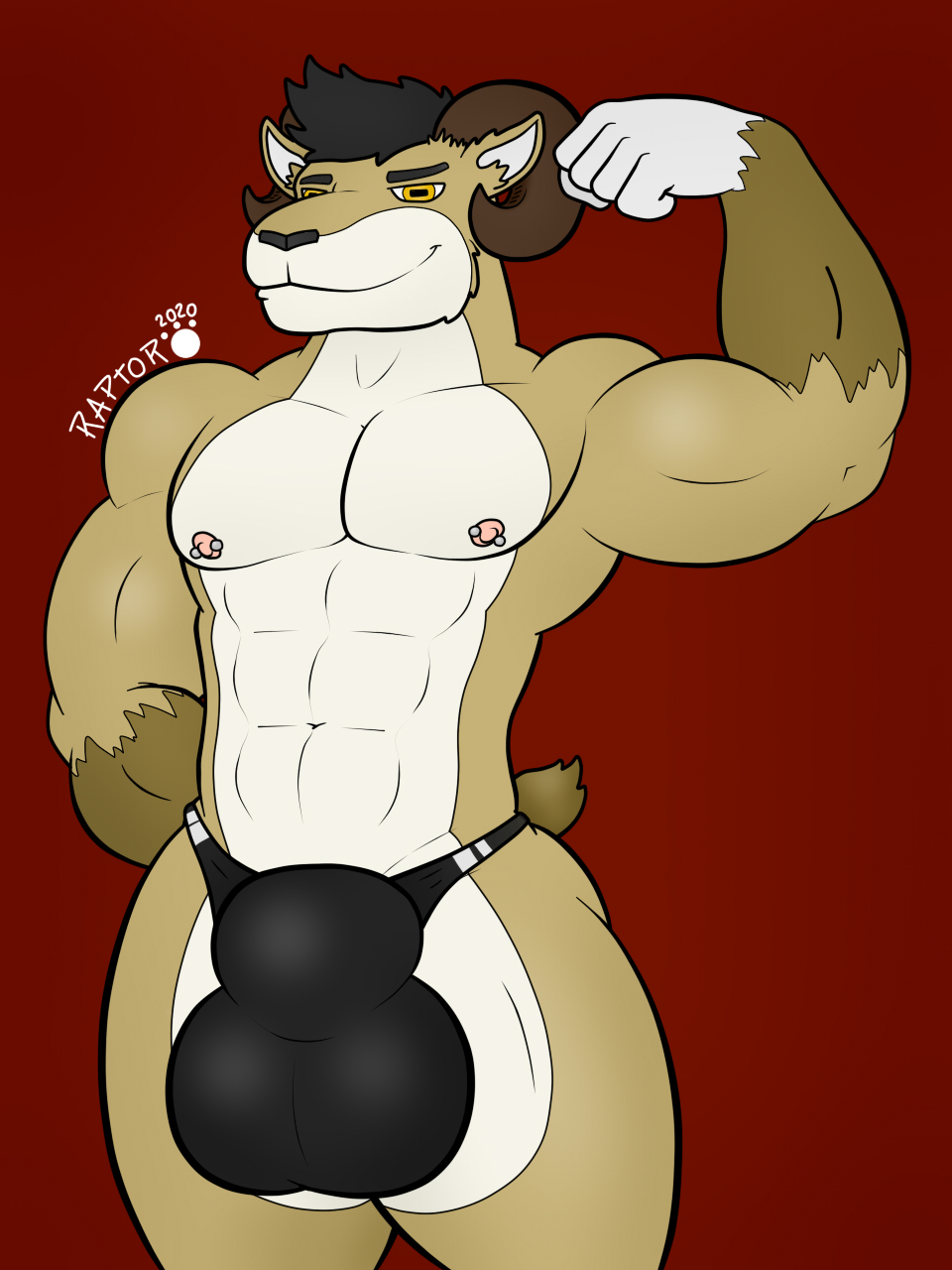 3:4 anthro balls big_balls biped bulge clothing fur genitals hair hi_res humanoid looking_at_viewer male male/male mammal muscular muscular_humanoid muscular_male nipples nude ramsty raptorart smile solo underwear