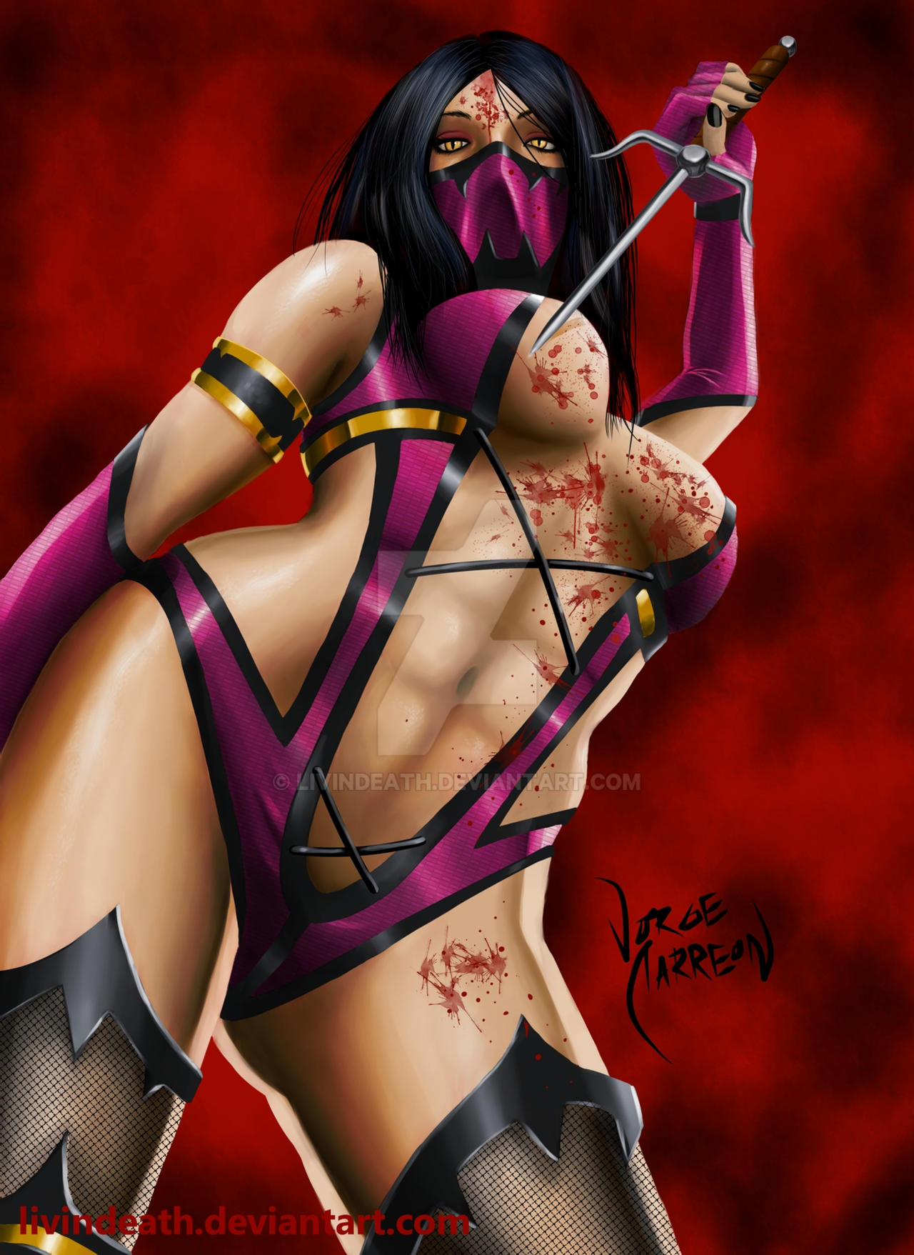 1girls, 2d, abs, absurdres, armlet, black hair, black nails, blood, blush, breasts, breasts out, deviantart, edenian, elbow gloves, face mask, female, female only, fingerless gloves, fishnet legwear, fishnets, gloves, highres, humanoid, leotard, livindeath, looking at viewer, mask, mileena, mileena (mk9), mortal kombat, mortal kombat (2011), nail polish, navel, netherrealm studios, ninja, nipples, orange eyes, outworld, pink gloves, pink nails, slit pupils, solo, standing, tarkatan, thighhighs, toned, waist