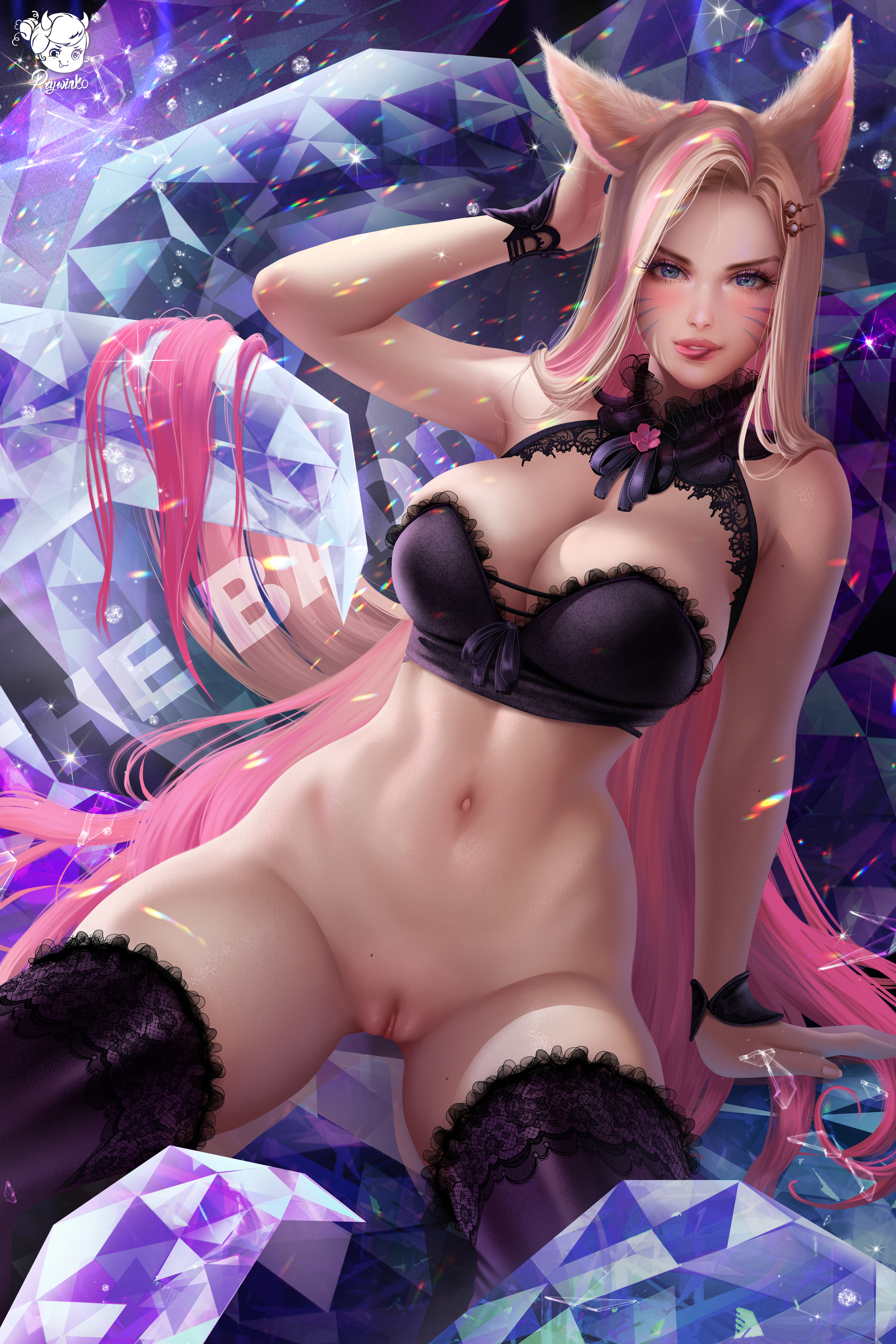 ahri, blonde hair, bottomless, breasts, female, k/da ahri, k/da all out ahri, k/da series, league of legends, looking at viewer, mole, mole on breast, mole on thigh, prywinko, pussy, shaved pussy, vagina
