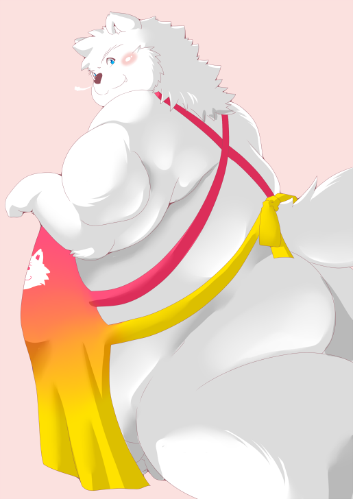 2020 anthro apron ass balls barely_visible_balls barely_visible_genitalia blush canid canine canis clothing domestic_dog fur genitals kemono male mammal nordic_sled_dog obese obese_anthro obese_male overweight overweight_anthro overweight_male samoyed solo spitz tomoya_(artist) tomoyamaru tomoyamaru_alt white_body white_fur