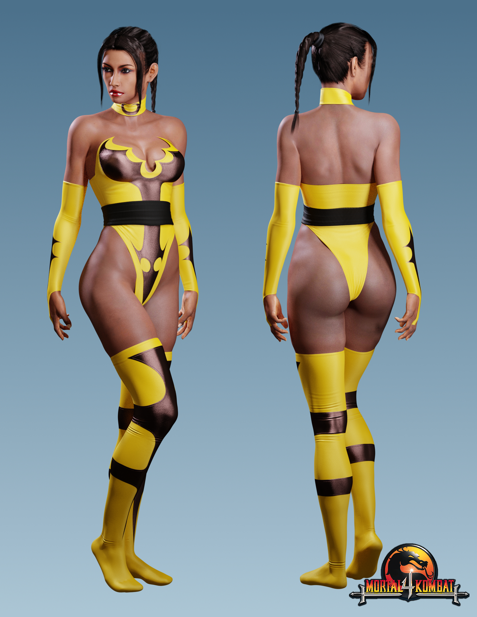 1girls, 3d, 3d (artwork), ass, big ass, big breasts, black hair, blue clothing, breasts, brown body, brown skin, busty, cleavage, cleavage cutout, clothed, clothes, clothing, dark skin, dark-skinned female, edenian, female, female focus, female only, fit, fully clothed, gloves, hand on hip, huge breasts, large ass, large breasts, leotard, lips, long gloves, long hair, mask, mortal kombat, mortal kombat 4, netherrealm studios, pose, posing, realistic, signature, solo, standing, tanya (mortal kombat), thick ass, thighhighs, thin waist, voluptuous, wide hips, zabzarock