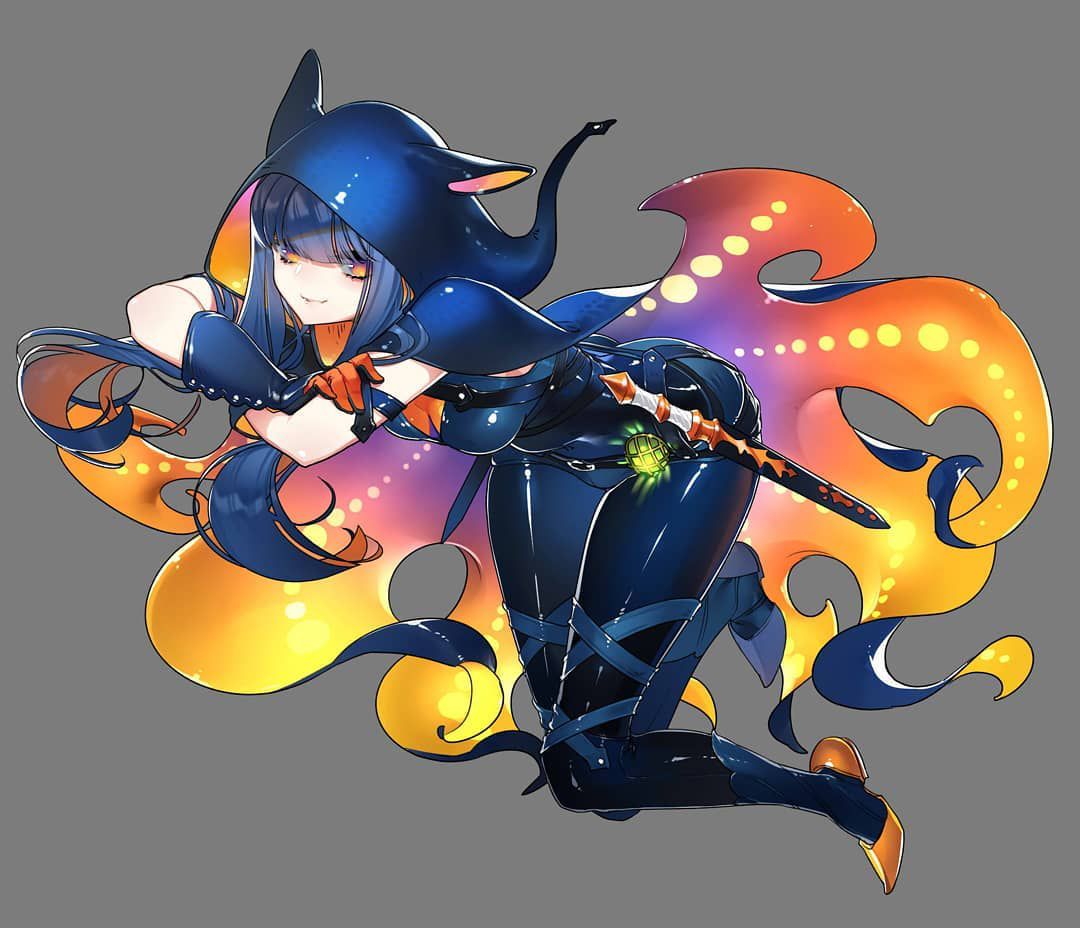 black_hair capcom cleavage clothed glowing_eyes hood hunter_(monster_hunter) leggings monster_girl monster_hunter monster_hunter_world namielle namielle_(armor) squid yellow_eyes