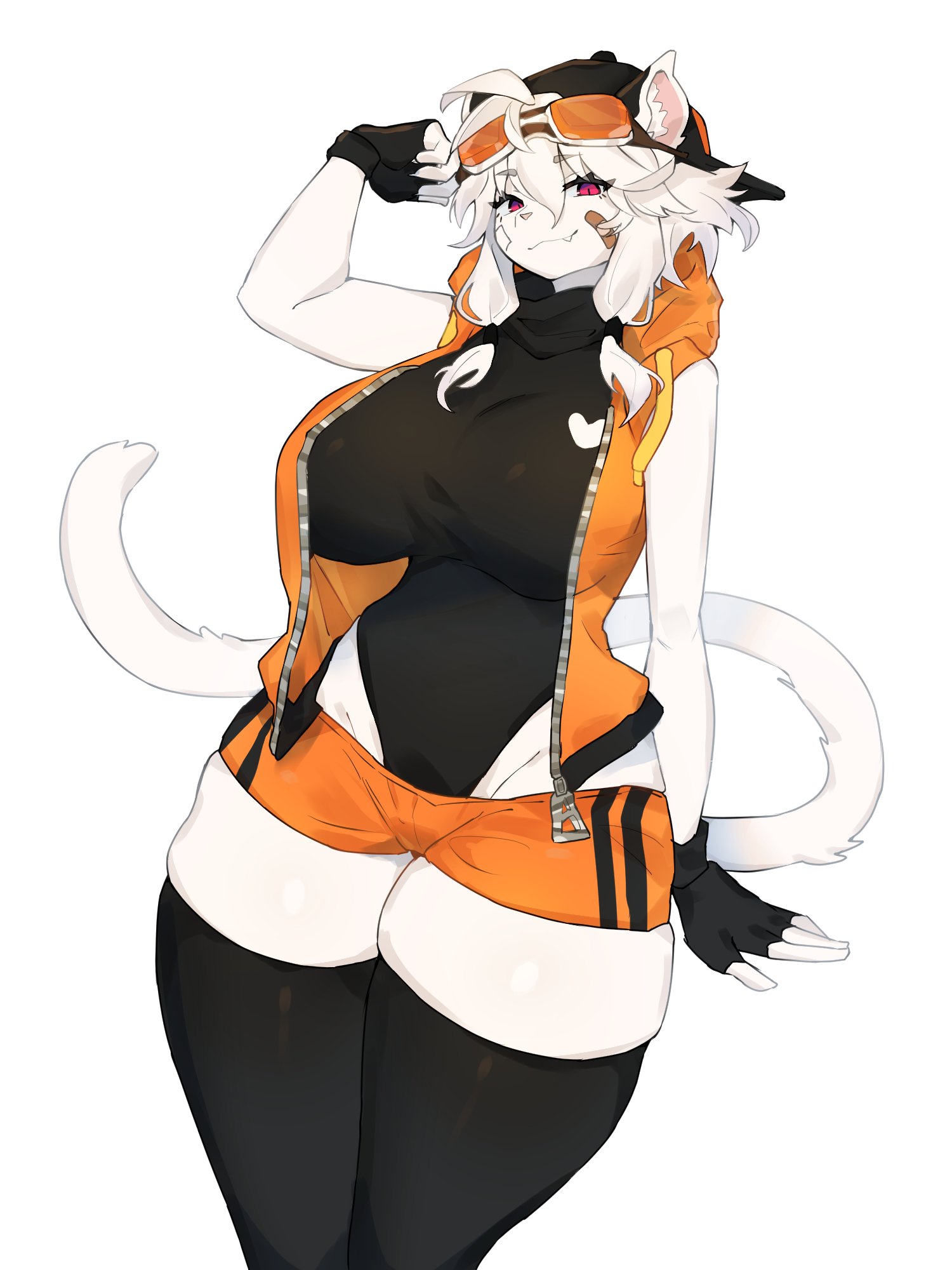 1girls, animal ears, anthro, baburusushi, bandage, bandage on face, baseball cap, black legwear, bodysuit, female, female only, fingerless gloves, frankie (extremedash), fur, furry, furry only, glasses, glasses on head, heart, highres, hoodie, leaning on hand, legwear, looking at viewer, messy hair, minishorts, pantherine, red eyes, sleeveless, sleeveless hoodie, slit pupils, solo, solo female, streetwear, tail, thick thighs, thigh gap, thigh squish, white background, white fur, white hair