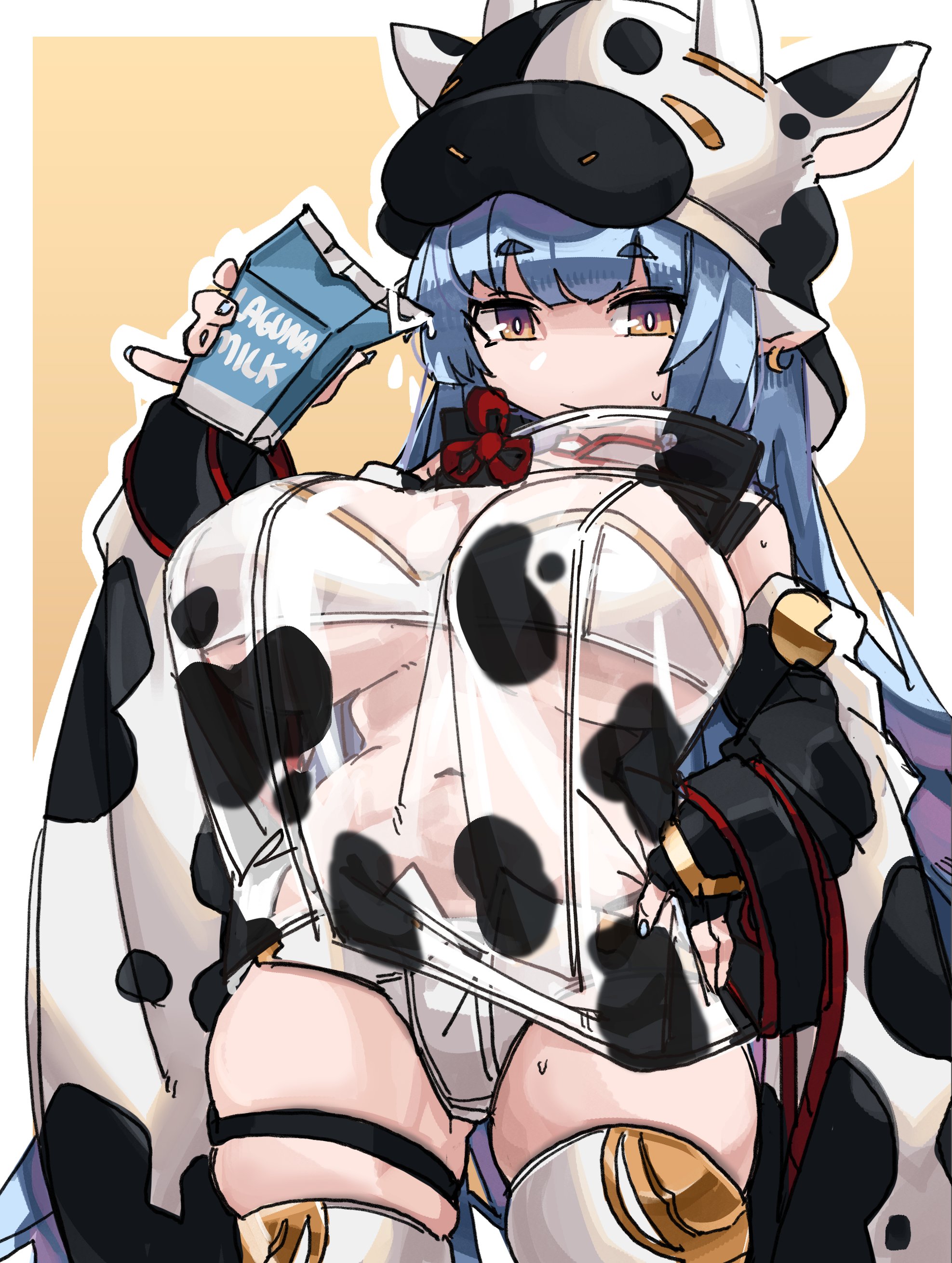 1girls, blue hair, catura (granblue fantasy), clothing, cow girl, cow horns, cow print, earrings, female, female only, granblue fantasy, highres, holding, horns, legband, long hair, looking at viewer, milk, multicolored eyes, panties, pointy ears, shatola (granblue fantasy), solo, solo female, thick thighs, thigh squish, topwear, transparent clothing, zanamaoria