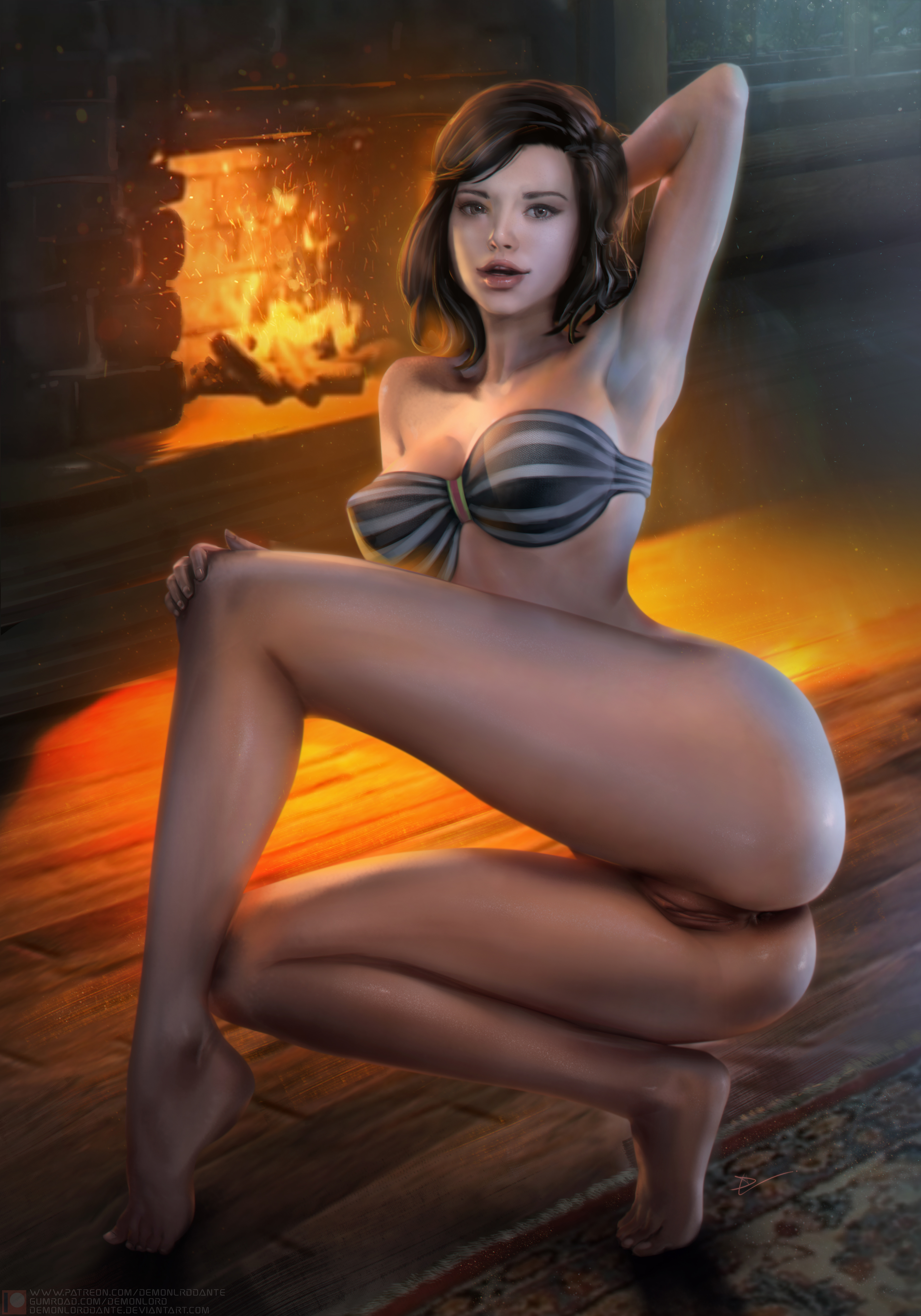 1girls, absurd res, armpit, ass, barefoot, bottomless, brown hair, clitoris, demonlorddante, feet, female, female only, fire, fireplace, friday the 13th, friday the 13th: the game, hi res, hourglass figure, human, jenny myers, light skin, light-skinned female, long legs, looking at viewer, parted lips, pose, pussy, pussy lips, realistic, slim waist, solo, thighs, vagina, wide hips