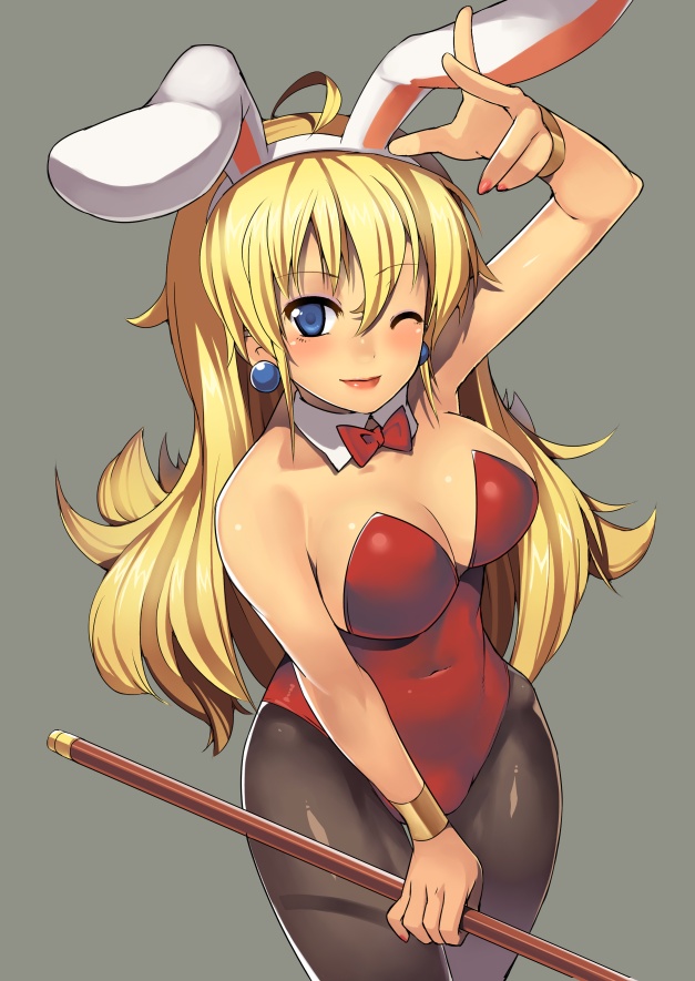 1girls animal_ears black_legwear blonde_hair blue_earrings blush bow bowtie bracelet bunny_ears bunny_girl bunnysuit clothing detached_sleeves dragon_quest dragon_quest_iv earrings fake_animal_ears female female_only gold_jewelry gray_background hair jewelry large_breasts leotard long_hair looking_at_viewer nagase_haruhito one_eye_closed pantyhose prima_donna red_clothing red_leotard simple_background solo solo_female staff wink winking_at_viewer