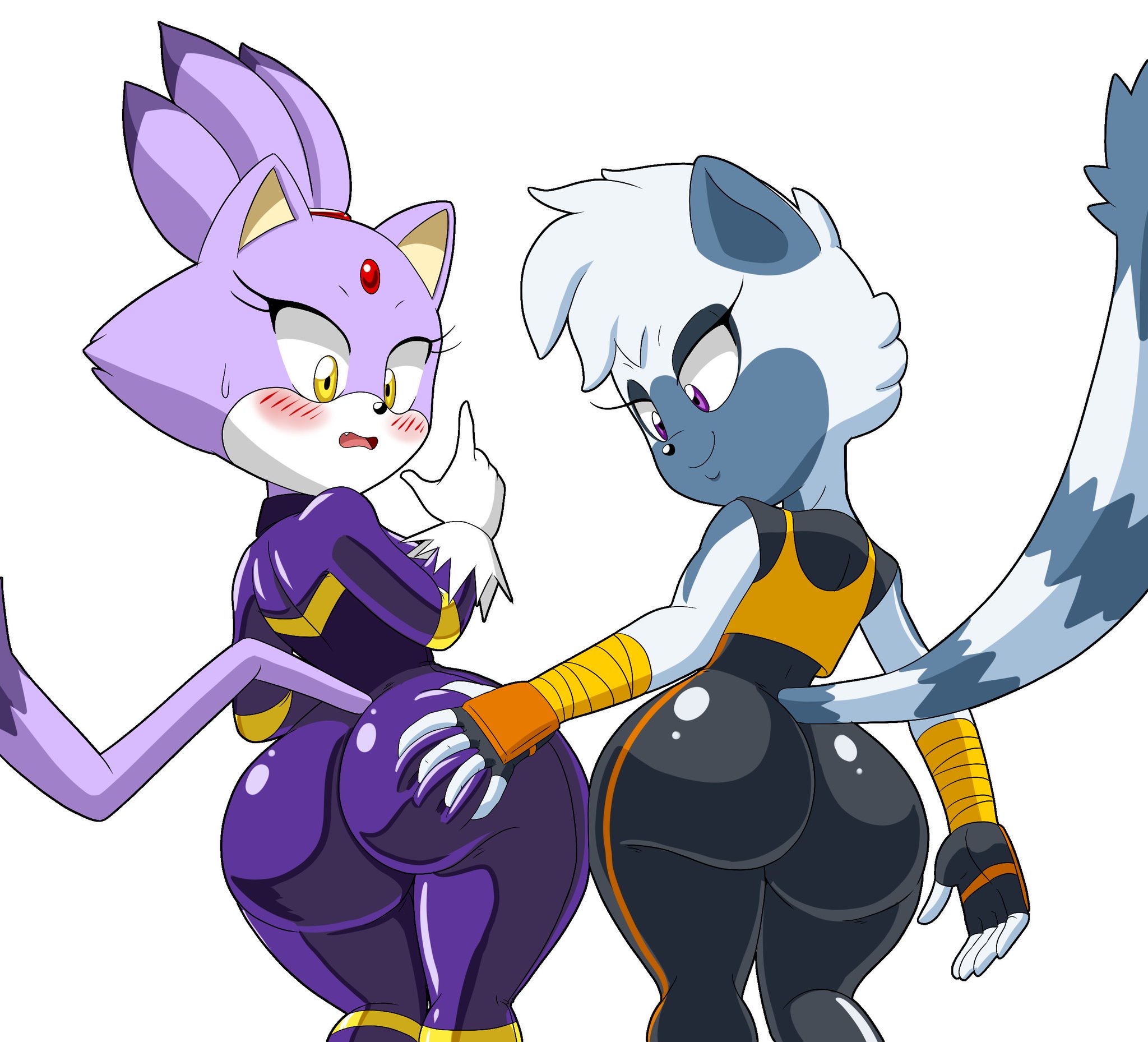 2 bodysuits, 2girls, anthro, ass, ass grab, back, back view, big ass, big breasts, big butt, blaze the cat, blush, bodysuit, breasts, bubble ass, bubble butt, feline, female, female only, fully clothed, furry, groping, huge ass, idw comics, idw publishing, jpeg, lemur, mobian (species), primate, purple fur, sega, sonic (series), sonic the hedgehog (comics), sonic the hedgehog (idw), sonic the hedgehog (series), tangle the lemur, tansau, wide hips, yuri