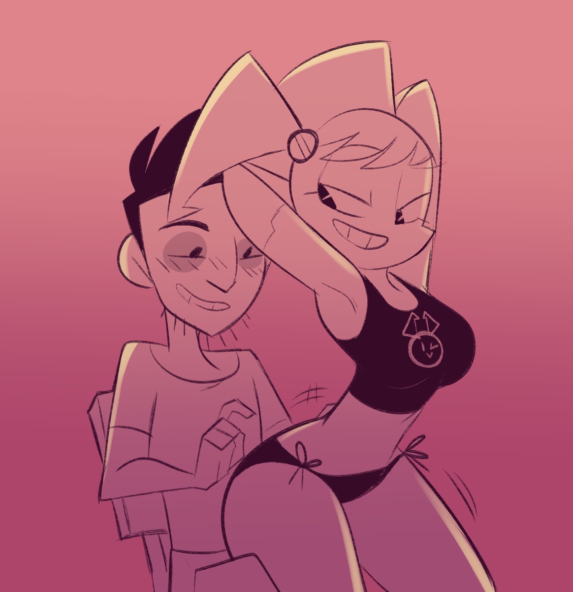1boy, 1girls, arms behind back, arms behind head, bikini, black panties, black shirt, breasts, clothed, clothed male, clothing, female, female protagonist, gradient background, hands behind back, hands behind head, herny, jenny wakeman, lapdance, male, monochrome, my life as a teenage robot, naughty face, nickelodeon, robot, side-tie panties, smile, sports bra, tank top, teasing, thick thighs, thin waist, wide hips, xj-9