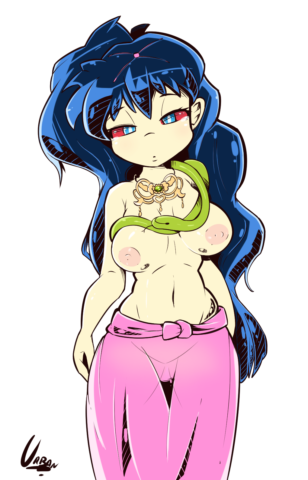 blue_hair female hiten's_concubine_(inuyasha) inuyasha large_breasts long_hair necklace red_sclera snake solo topless urban-centre