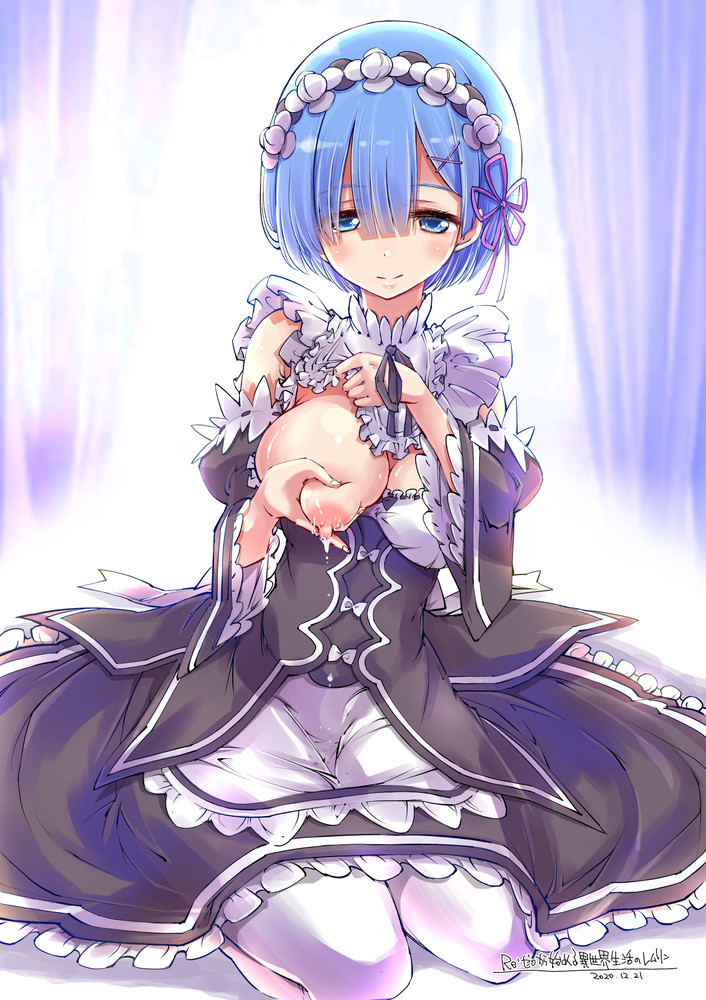 1girls apron bangs big_breasts blue_eyes blue_hair blush breast_slip breasts detached_sleeves female female_only hair_ornament high_resolution kneeling lactating lactation maid maid_headdress maid_uniform matching_hair/eyes medium_breasts milking neckwear nipples one_breast_out one_breast_out_of_clothes re:zero_kara_hajimeru_isekai_seikatsu rem_(re:zero) self_milking short_hair smile solo thighhighs x_hair_ornament yazawa_mana