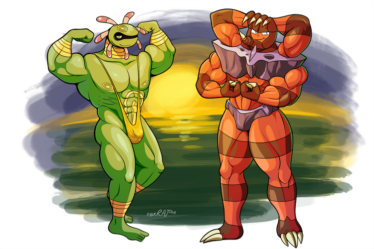 2boys anthro anthrofied artist_request bara barbaracle buff cradily flexing male male_only males_only mankini muscular muscular_male muscular_male_only pokemon pokemon_(species) sexy yellow_mankini