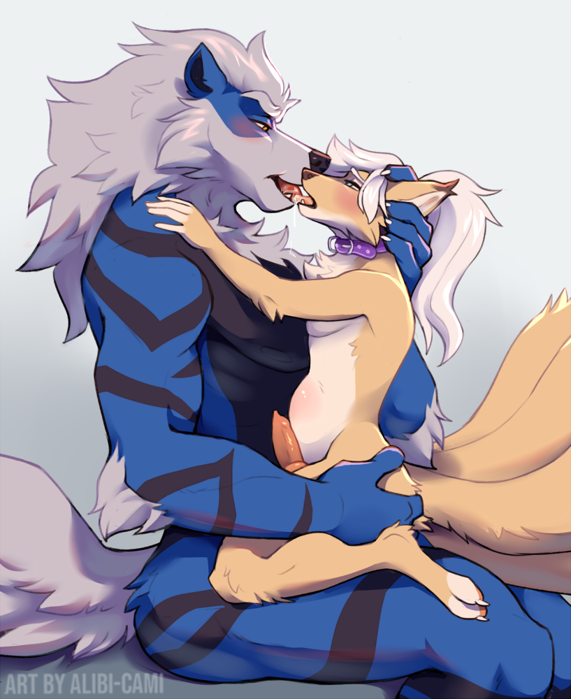 5_fingers alibi-cami anal anthro anthro_on_anthro arcanine blush bodily_fluids canid canine collar drooling duo fingers fox french_kissing hair hand_on_butt hand_on_head inflation kissing male male/male mammal mastery_position multi_tail muscular muscular_anthro muscular_male ne0fox ninetales nintendo open_mouth pokemon pokemon_(species) saliva saliva_on_tongue sex simple_background size_difference stuggottzz teeth tongue tongue_out video_games