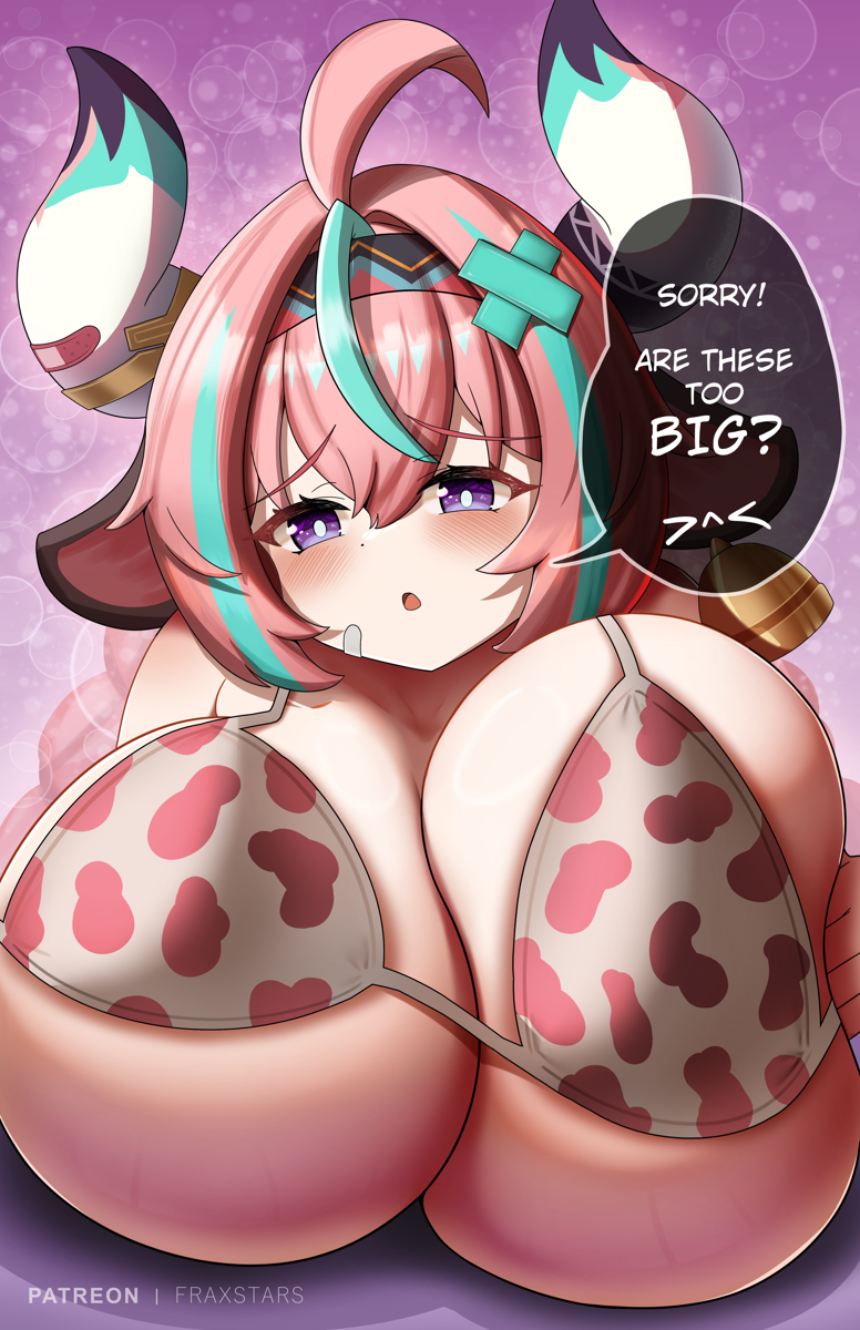 1girls bell big_breasts bikini blue_hair breast_squeeze breasts breasts_bigger_than_head cow_ears cow_girl cow_print cow_print_bikini english_text female fraxstars genshin_impact hair_ornament horns hoyoverse huge_boobs huge_breasts inconvenient_breasts large_breasts pink_hair plump pressing_breasts_together purple_eyes squeezing_breast twin_braids two_tone_hair varesa varesa_(genshin_impact) violet_eyes