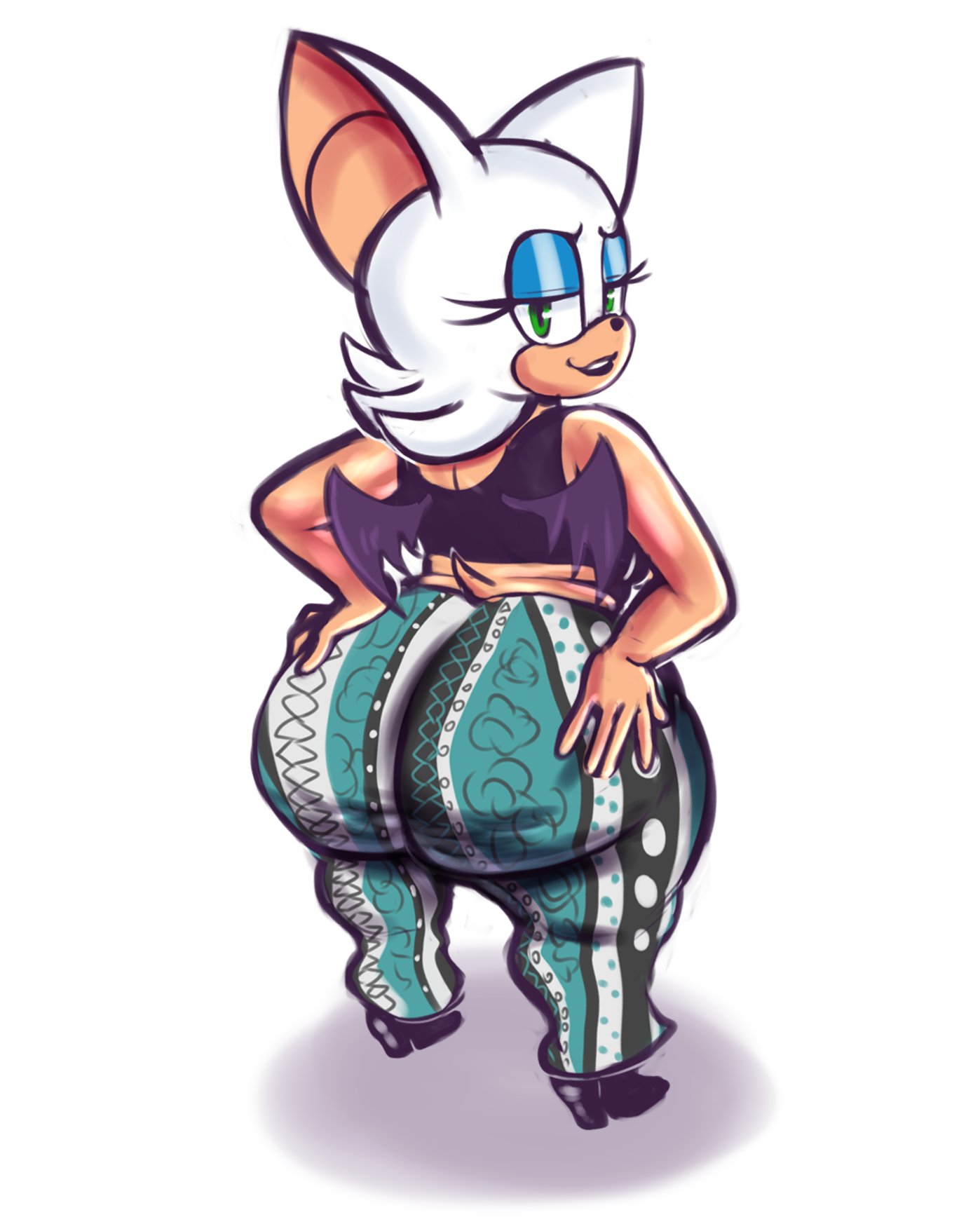 1girls, 2025, 2d (artwork), anthro, ass, ass focus, bat, bat wings, big ass, big butt, black sports bra, blue eyeshadow, bubble ass, bubble butt, chiropteran, crossnsfw, fat ass, female, female focus, female only, flare pants, forbidden pants, green eyes, hands on own ass, heels, highres, huge ass, looking at viewer, looking back, lowered eyelids, membranous wings, rouge the bat, shortstack, smirking at viewer, solo, solo female, sonic (series), sonic the hedgehog (series), sports bra, tail, tan-skinned female, white fur