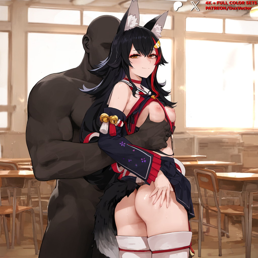 1boy ai_generated animal_ear_fluff animal_ears ass ass_grab bangs bare_shoulders bell black_clothes black_hair black_skirt blush breast_grab breasts choker classroom closed_mouth clothed_female clothed_female_nude_male clothes_lift clothes_pull clothing dark-skinned_male dark_skin desk detached_sleeves duxvector faceless faceless_male female female grabbing groping hair_between_eyes hair_ornament hololive indoors interracial large_breasts legwear long_hair looking_at_viewer looking_back male medium_breasts mio_channel multicolored_hair netorare nipples ntr nude ookami_mio penis pleated_skirt red_choker red_hair school_desk school_uniform sex shirt skirt skirt_lift skirt_pull smile solo_focus standing standing_sex straight streaked_hair sweat tail tail_wrap taken_from_behind thighhighs thighs underwear uniform virtual_youtuber white_legwear white_thighhighs wolf_ears wolf_girl wolf_tail yellow_eyes