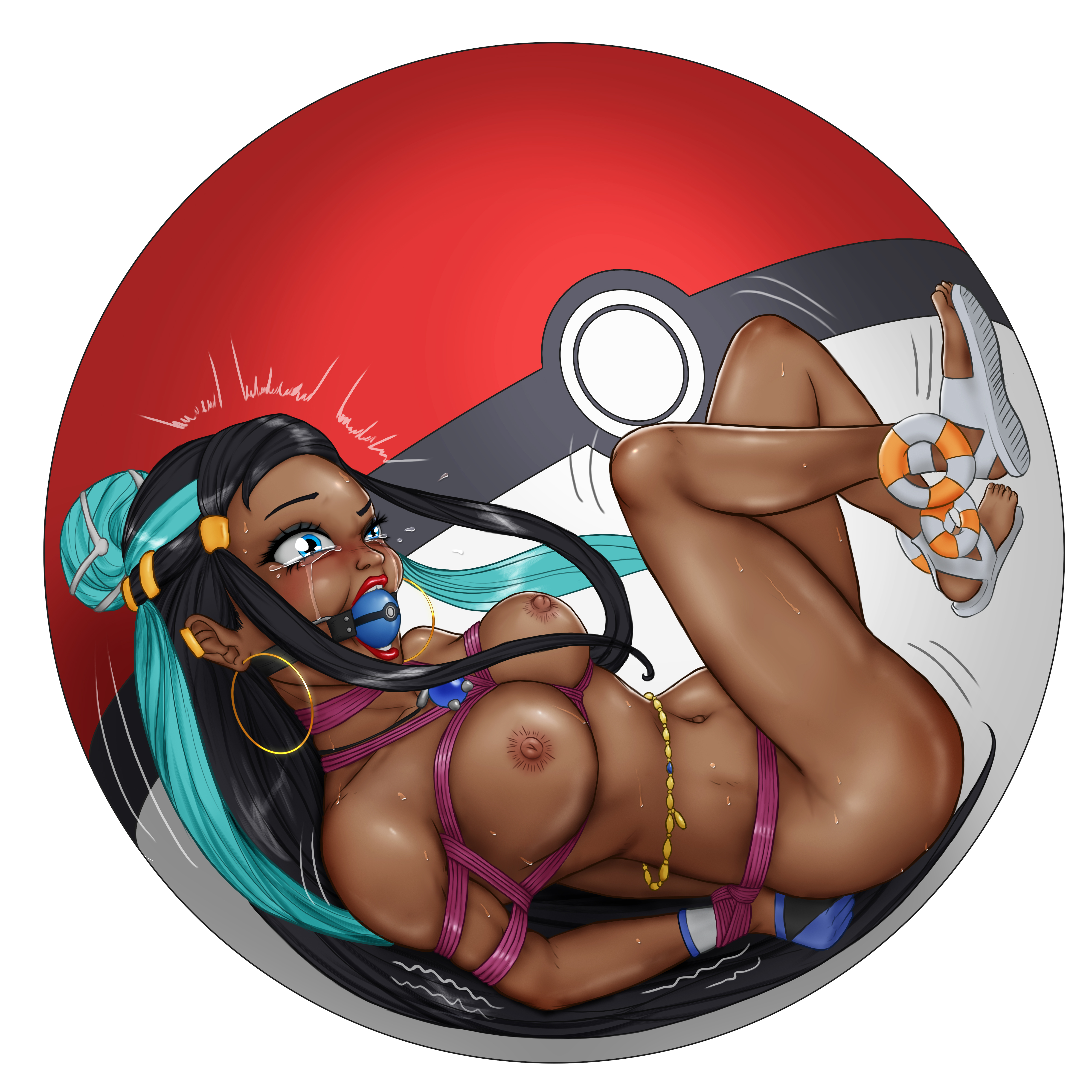 2d, 2d (artwork), ball bondage, ball gag, black hair, blue eyes, bondage, bound, bound arms, bound legs, bound wrists, breasts, breasts out, captured by pokeball, caught in pokeball, crying, crying with eyes open, dark skin, dark-skinned female, earring, earrings, female, female focus, female only, femsub, full body, gag, gagged, gagged female, game freak, girlstrapped, human, human only, in container, inside poke ball, legs, nessa (pokemon), nintendo, nude, nude female, on back, pokeball, pokemon, restrained, restrained arms, restraints, rope, rope between breasts, rope bondage, sandals, solo, solo female, solo focus, struggling, struggling to get out, tears, thick thighs, thighs