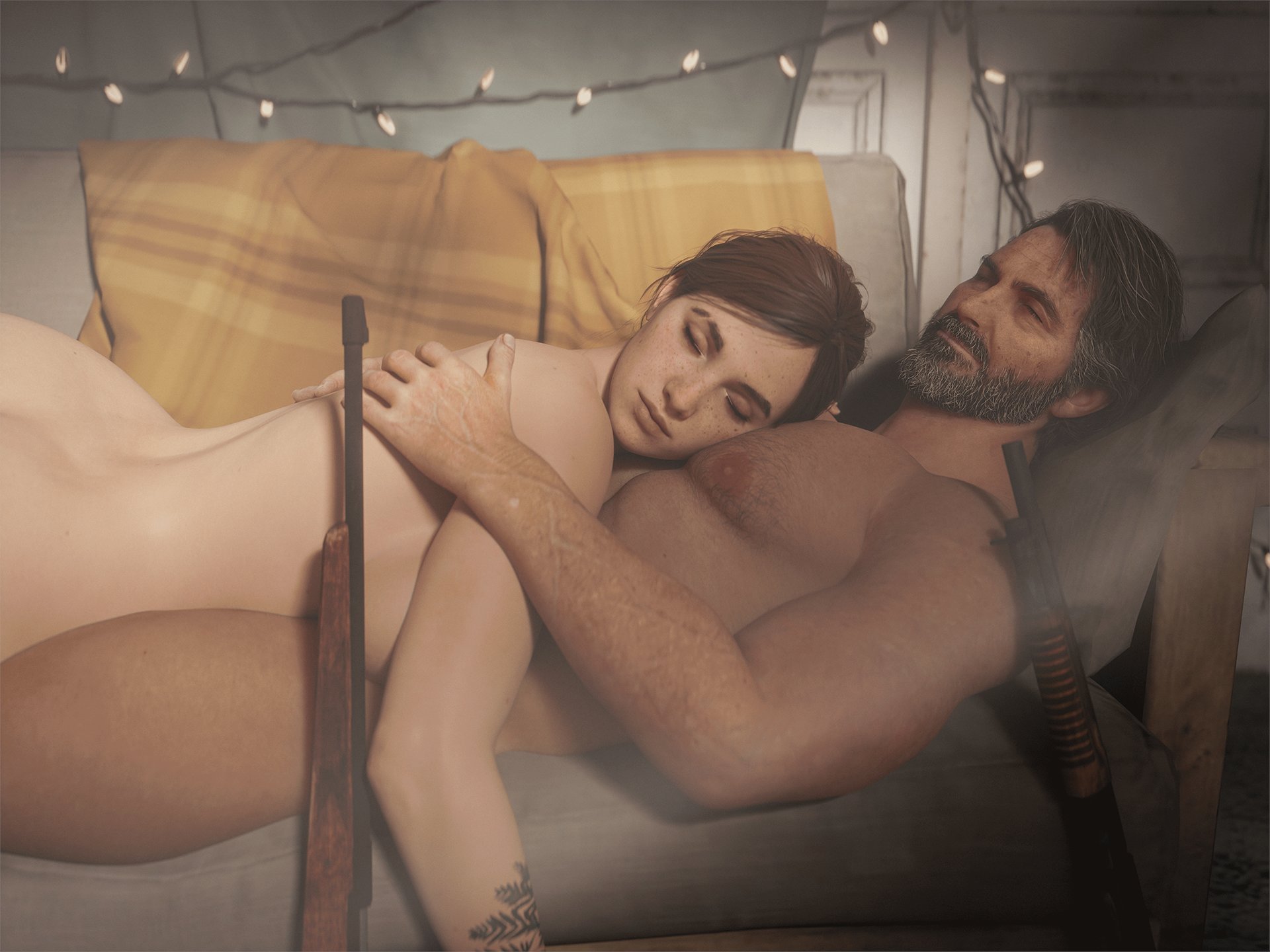 1boy, 1girls, 3d, age difference, big breasts, breasts, brown hair, closed eyes, couch, cuddling, currysfm, curvy, cute, ellie (the last of us), ellie williams, female, freckles, joel miller, large breasts, lying on person, male, nude, sleeping, sleeping on person, straight, the last of us, the last of us 2, thighs, wholesome