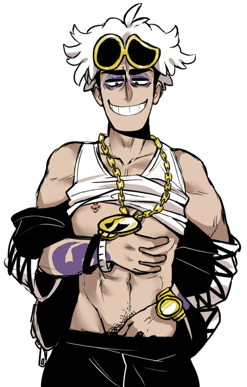 1boy adult adult_male artist_request bags_under_eyes big_smile black_outfit eyeshadow gold_chain gold_watch guzma_(pokemon) hand_down_pants hand_on_abs jacket jacket_off_shoulders lifting_own_clothes looking_at_viewer male male_focus male_only nipple_piercing no_background no_sex pale-skinned_male pale_skin pokemon pokemon_sm pokemon_usm pubic_hair purple_eyeshadow showing_teeth skinny skinny_male smiling smiling_at_viewer solo solo_focus solo_male sweatpants tank_top tattoo tattoo_on_arm team_skull touching_penis touching_self under_clothes undressing white_background white_tank_top zipper zipper_pull_tab