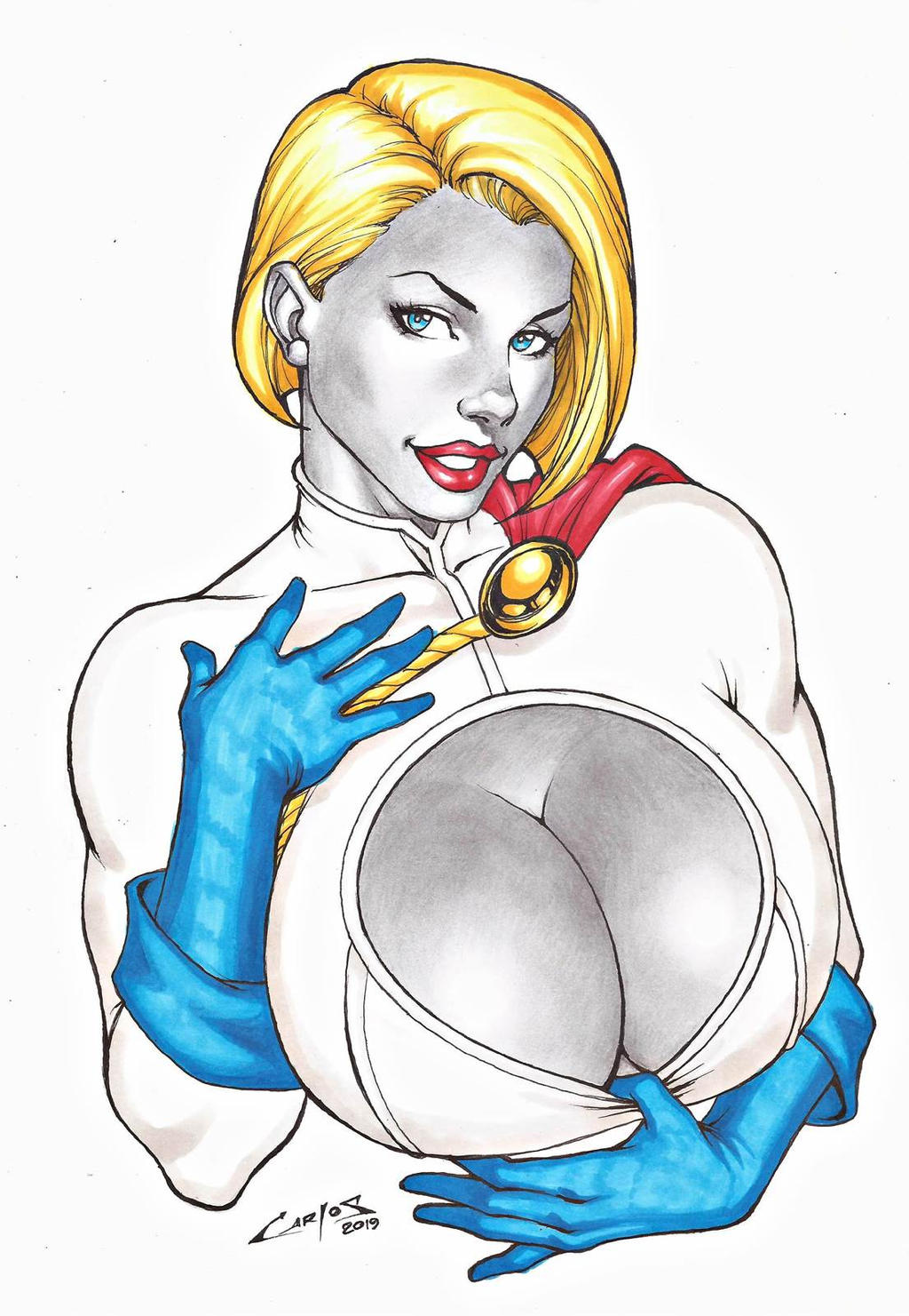 1girls alien alien_girl athletic athletic_female background big_breasts blonde_hair blue_eyes blue_gloves breasts bust busty carlos_braga cleavage cleavage_cutout clothed color colored costume curvaceous curvy curvy_figure dc dc_comics earth-2 earth_2 eyeshadow female female_only gloves heroine hips hourglass_figure huge_breasts humanoid justice_society_of_america kara_zor-l karen_starr kryptonian large_breasts lipstick outfit posing power_girl short_hair solo superheroine superman_(series) upper_body voluptuous watermark white_background