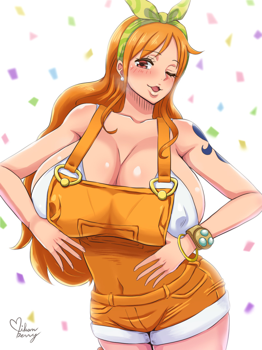 1girls, arm tattoo, big breasts, blue tattoo, breasts, breasts bigger than head, female, female only, log pose, mikanberry, nami (one piece), one piece, one piece film stampede, orange hair, orange-haired female, tagme, tattoo, wink