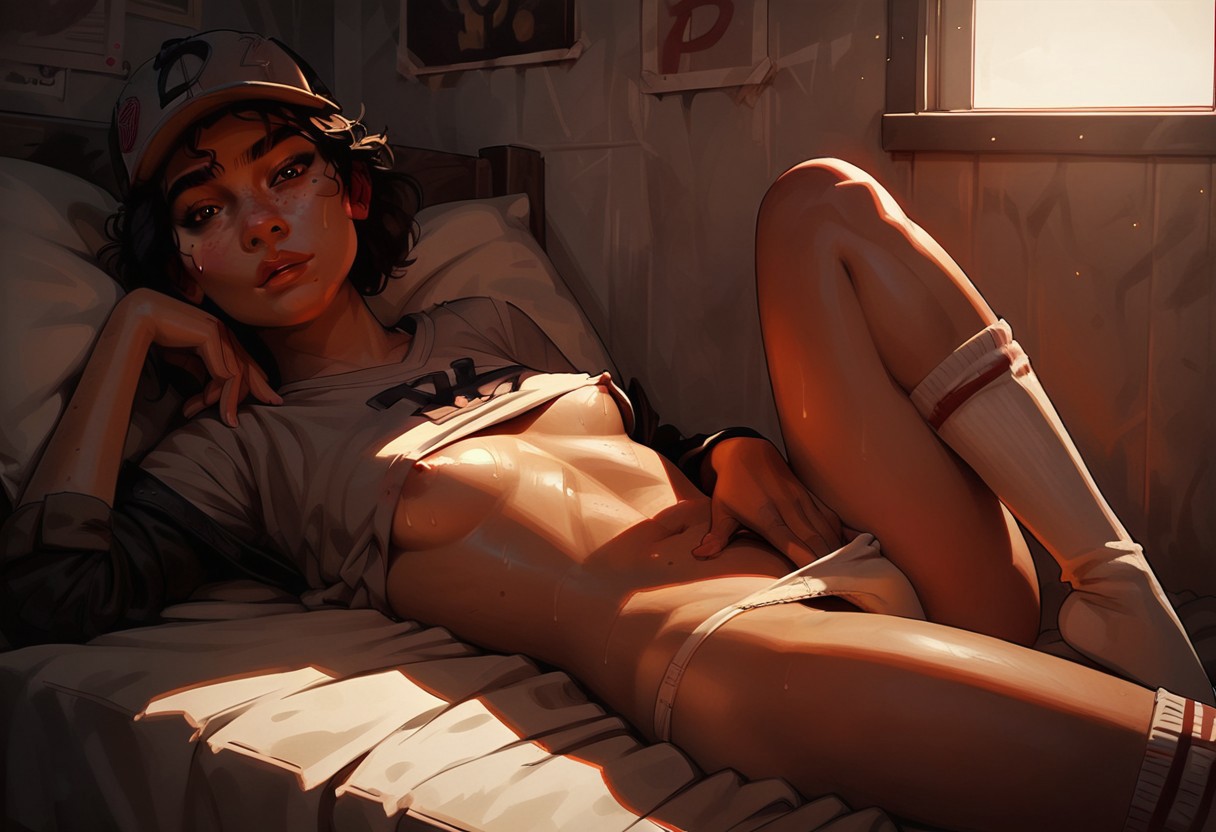1girls, 2d, ai generated, areolae, bare thighs, baseball cap, bed, bed sheet, bedroom, bedroom eyes, belly button, breasts, breasts out, brown hair, cap, civitai, clementine (the walking dead), clothing, dark skin, dark-skinned female, erect nipples, female, female focus, female only, hand in own panties, hand in panties, hat, headwear, legs, lips, looking at viewer, lying, lying on bed, medium hair, navel, nipples, panties, partially clothed, petite, pillow, shirt, shirt up, skinny, slim, slim waist, small breasts, the walking dead, the walking dead game, thighs, white panties