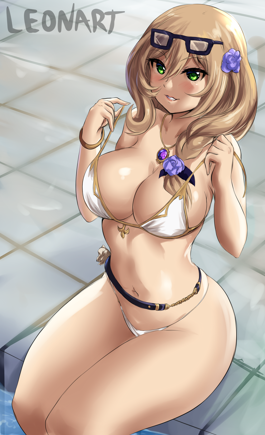 1girls, bikini, breasts, brown hair, curvy figure, eye contact, female, flower, flower in hair, genshin impact, green eyes, leonart, lisa (genshin impact), long hair, looking at viewer, solo, sunglasses, sunglasses on head, thick thighs, thighs, thong, wide hips