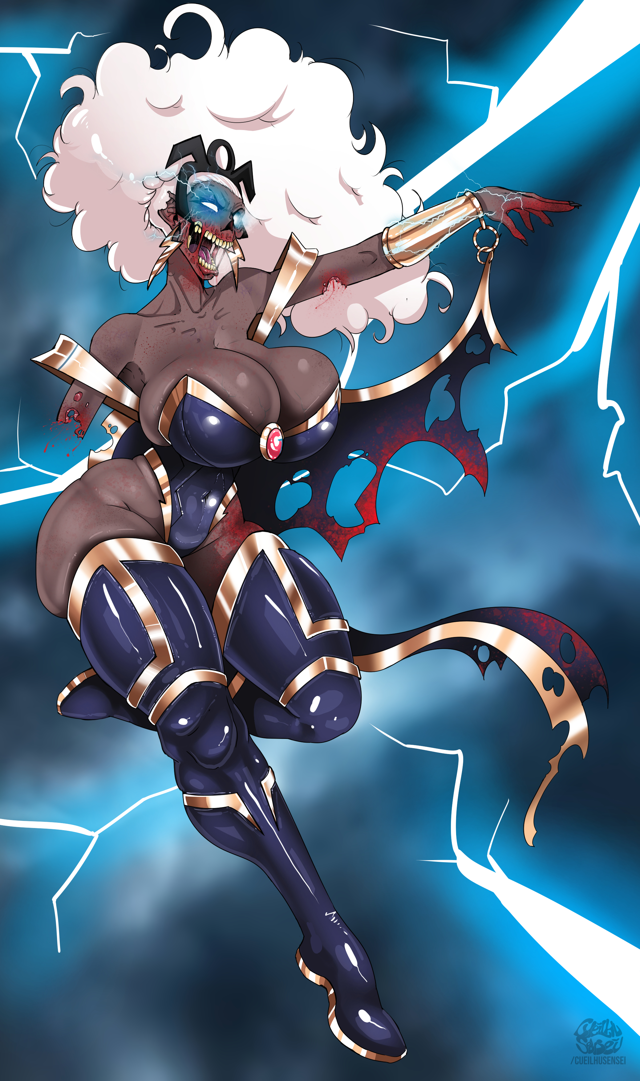 1girls, amputee, big hair, black footwear, black leotard, blood, breasts, bursting breasts, cleavage, cleavage overflow, cueilhu sensei, cueilhusensei, dark skin, dark-skinned female, electricity, female, huge breasts, leotard, marvel, marvel comics, marvel zombies, missing arm, solo, storm (x-men), strapless leotard, thigh boots, thong leotard, white hair, x-men, zombie, zombie girl