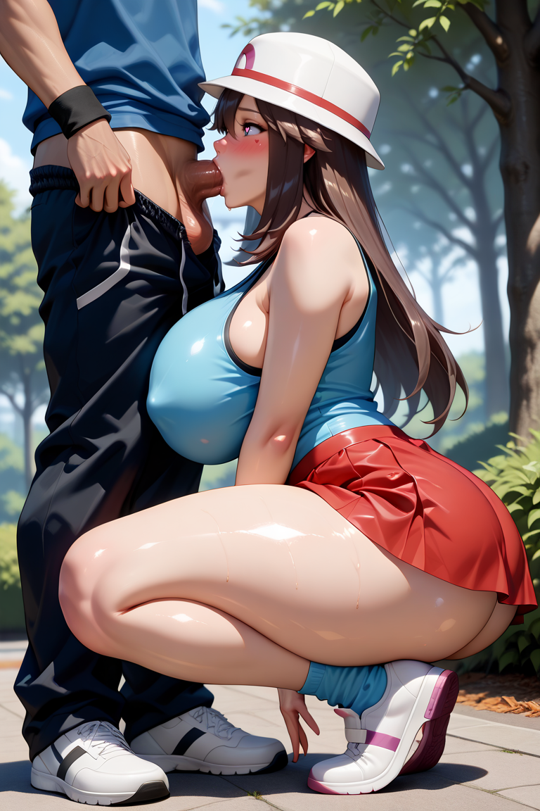 adult_female ai_generated big_breasts big_butt big_penis blowjob blowjob_face female hat leaf leaf_(pokemon) penis pokemon round_ass skirt sleeveless_shirt sucking_penis thick_thighs ul7990