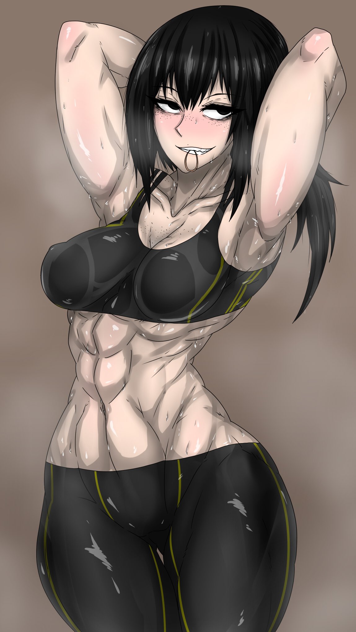 1girls 2020 abs arms_behind_head arms_up black_hair blush breasts freckles long_hair looking_at_viewer muscular_female original smile solo sports_bra sweat takano_togainu_(zokosuke) white_skin yoga_pants zokusuke