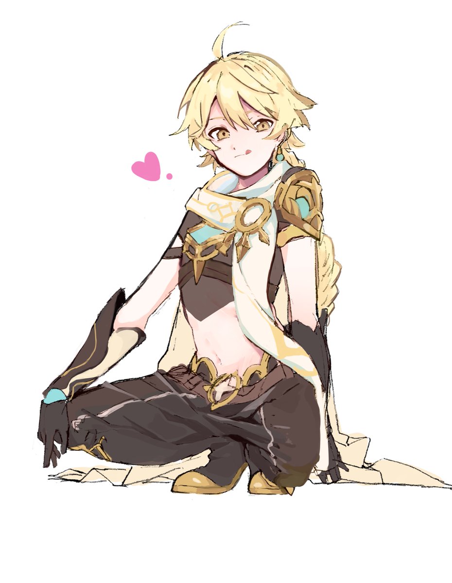 1boy, aether (genshin impact), boots, crop top, feminization, genshin impact, gold hair, heart, long hair, male, male focus, male only, pose, solo, squatting, winking, yellow eyes