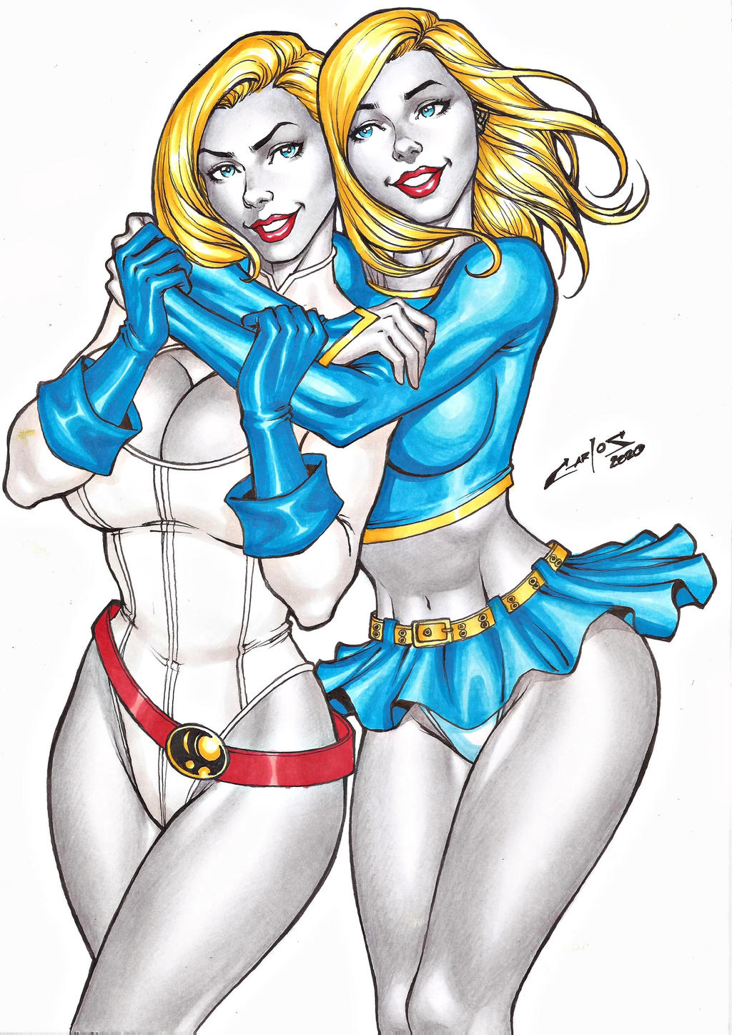 2020 2girls alien alien_girl artist_signature athletic athletic_female background big_breasts blonde_hair blue_clothing blue_crop_top blue_eyes blue_gloves blue_skirt boob_window breasts bust busty carlos_braga cleavage cleavage_cutout clothed color colored costume curvaceous curvy curvy_figure dc dc_comics deviantart deviantart_link earth-2 earth_2 eyeshadow female female_only gloves heroine hips hourglass_figure huge_breasts hugging_from_behind humanoid justice_society_of_america kara_zor-el kara_zor-l karen_starr kryptonian large_breasts legs lips lipstick lower_body outfit panties pleated_skirt posing power_girl red_lips red_lipstick short_hair skirt standing supergirl superheroine superman_(series) thick_legs thick_thighs upper_body voluptuous watermark white_leotard