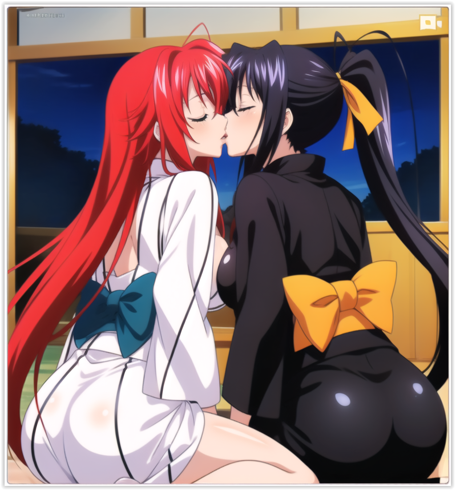 2girls ai_generated akeno_himejima flirting girl_on_girl high_school_dxd kissing lesbian_couple lesbian_kiss lovers rias_gremory yuri yuri yuri