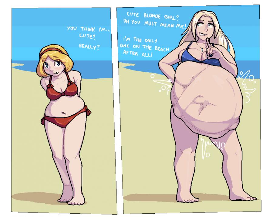 beach big_belly big_breasts bikini blonde_female blonde_hair digestion f/f female_pred female_prey huge_belly implied_digestion oral_vore same_size same_size_vore stomach_bulge vore vore_belly weight_gain