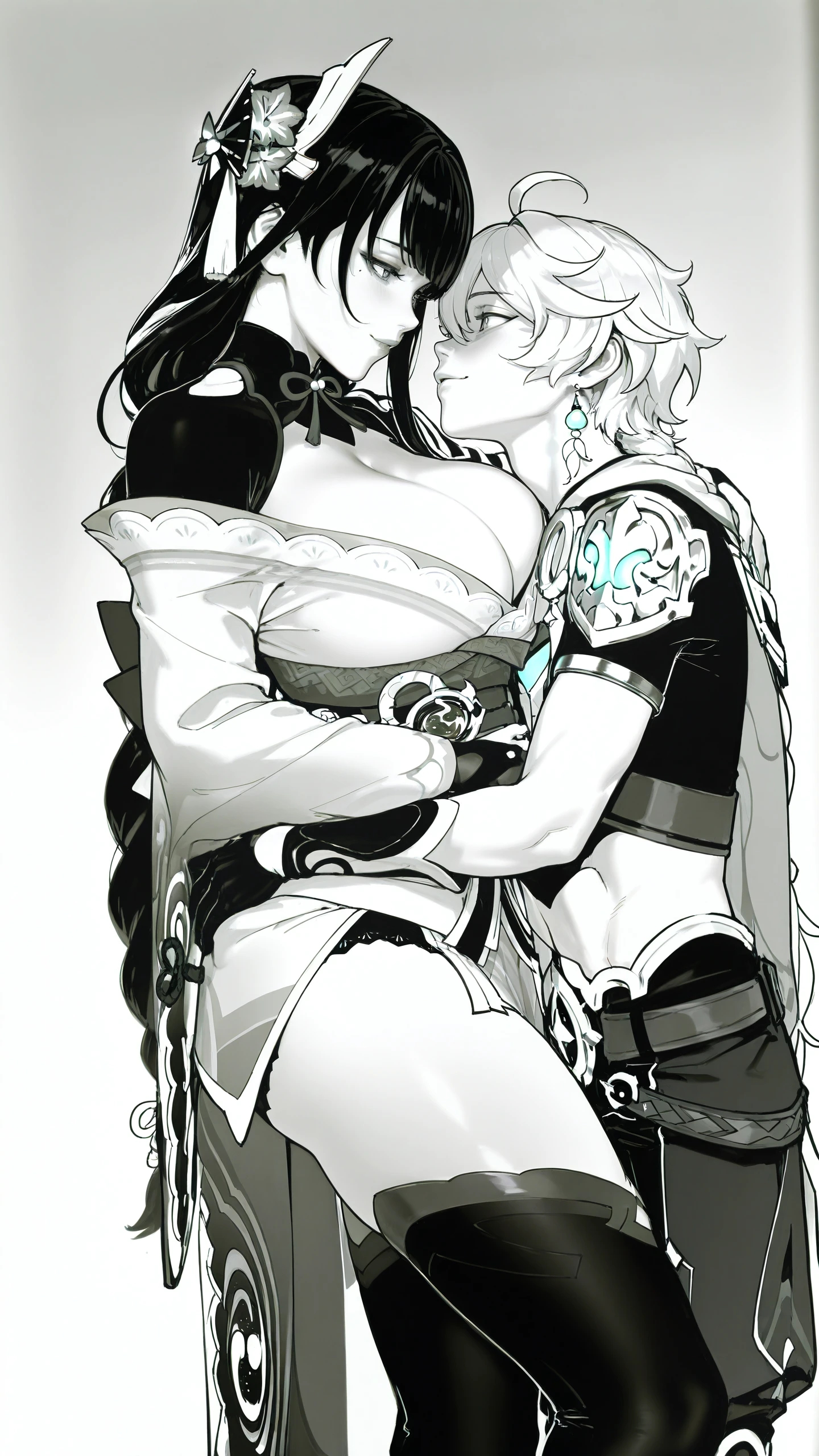 1boy, 1girls, aether (genshin impact), ai generated, eye contact, female, genshin impact, hug, looking at another, male, raiden shogun, smile, taller female