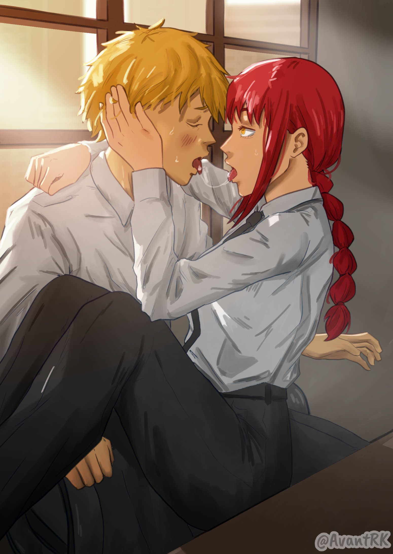 1boy, 1girls, age difference, avantrk, before sex, blonde hair, blonde male, blonde-haired male, blush, braid, chainsaw man, control devil, denji (chainsaw man), female, french kiss, french kissing, human, kissing, long hair, makima (chainsaw man), male, office clothing, older female, older female and younger male, red hair, red-haired female, saliva, saliva string, saliva trail, single braid, sitting, sitting on lap, sitting on person, tagme, teenage male, teenager, tongue, tongue kiss, tongue out, younger male
