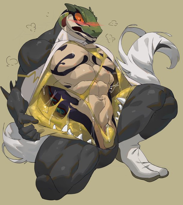 anthro better_version_at_source black_ink black_stripes blush clothing colloid cxcxxcxxxx devour gelatinous lizardman male male_only multicolored_body muscular muscular_anthro muscular_male reptile scalie solo stripes teeth tight_clothing