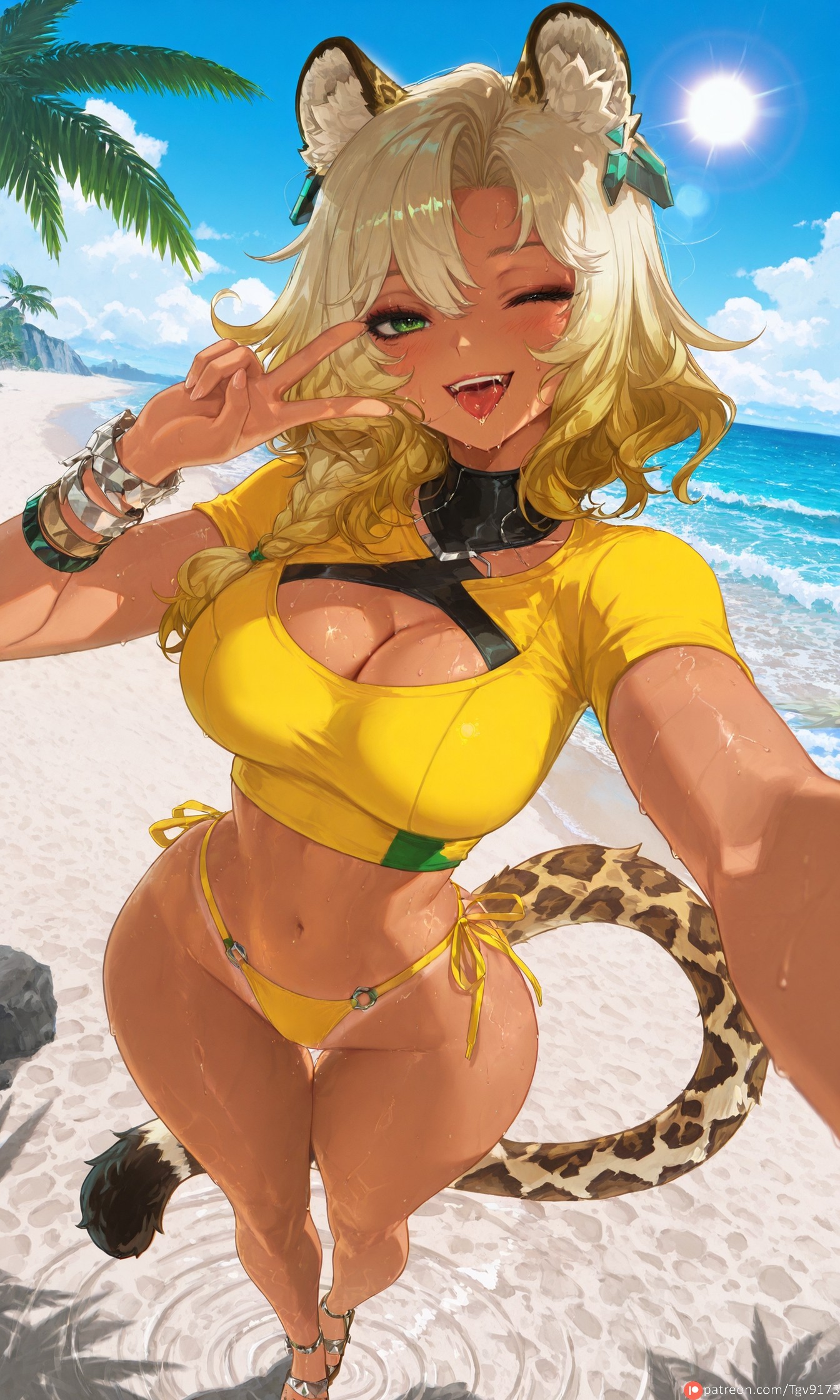ai generated, animal ears, bangs, beach, bikini, bikini bottom only, blonde hair, blue sky, blush, bracelet, braid, brazilian, brazilian female, breasts, cleavage, cleavage cutout, clothing cutout, cloud, commission, commissions open, crop top, dark skin, dark-skinned female, day, earrings, fangs, female, fisheye, genshin impact, gradient hair, green eyes, highleg, jewelry, large breasts, leopard ears, long hair, looking at viewer, makeup, mole, multicolored hair, navel, ocean, one eye closed, open mouth, outdoors, palm tree, self upload, selfie, shirt, short sleeves, side-tie bikini bottom, single braid, sky, smile, solo, standing, sun, sweat, swimsuit, tail, tan, tanlines, teeth, tgv9173, tongue, tree, v, water, wet, xilonen (genshin impact), yellow bikini