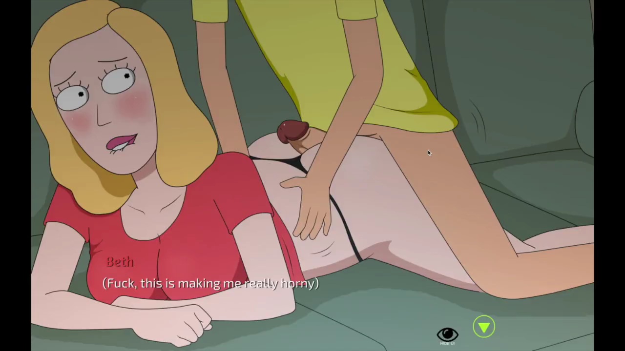 1boy, 1girls, adult swim, ass, assjob, beth smith, biting lip, blonde hair, blush, breasts, buttjob, doggy style, female, ferdafs, hands on hips, hip grab, incest, lipstick, lying on stomach, male, milf, morty smith, mother and son, penis, rick and morty, rick and morty: a way back home, thong, topwear, unseen male face