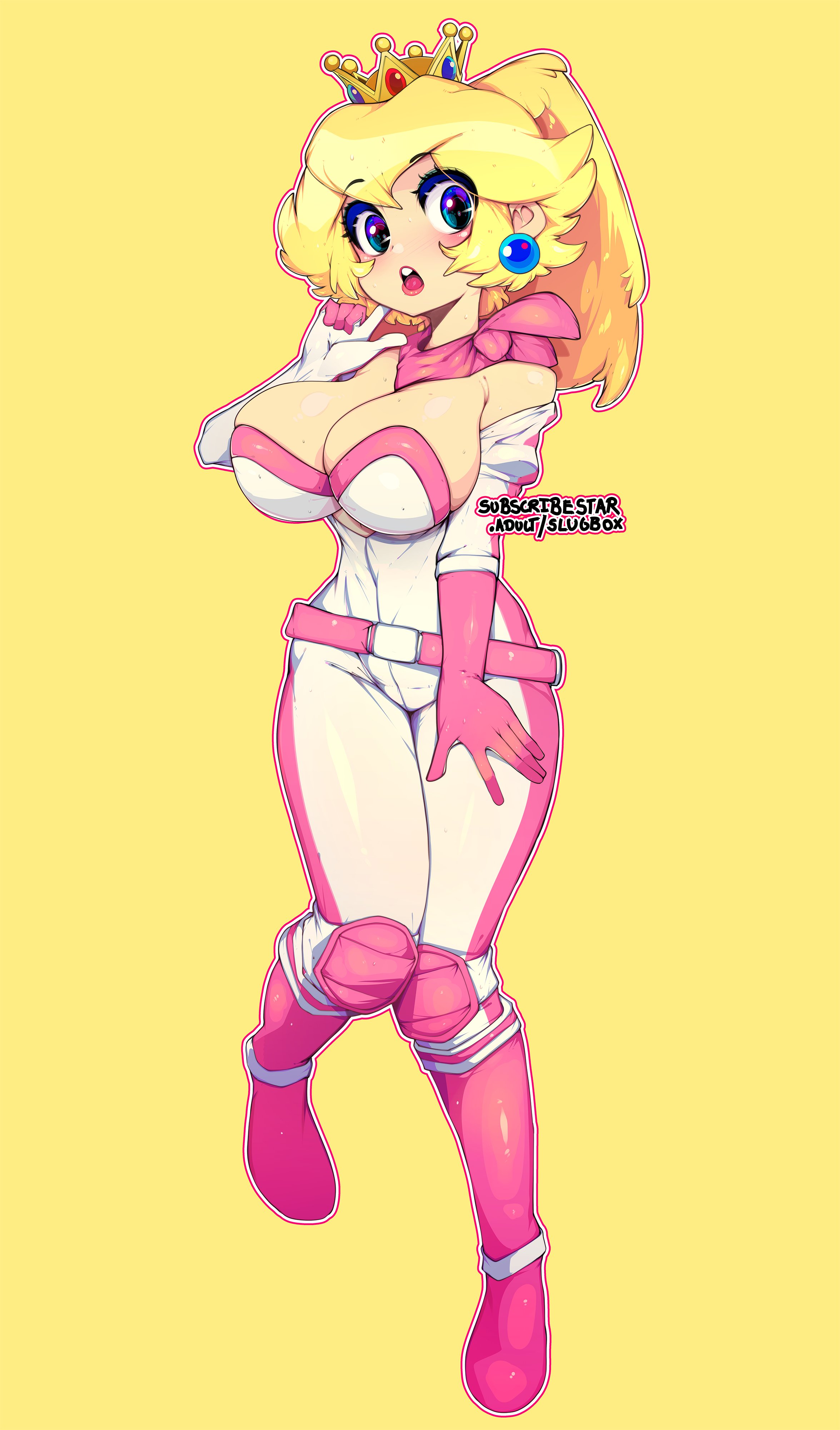 1girls, blonde hair, blue eyes, breasts, cleavage, clothing, crown, dakimakura, dakimakura design, female, female only, hourglass figure, human, light skin, light-skinned female, looking at viewer, mario (series), nintendo, open mouth, princess, princess peach, royalty, slugbox, solo, solo female, super mario bros., tagme, yellow background
