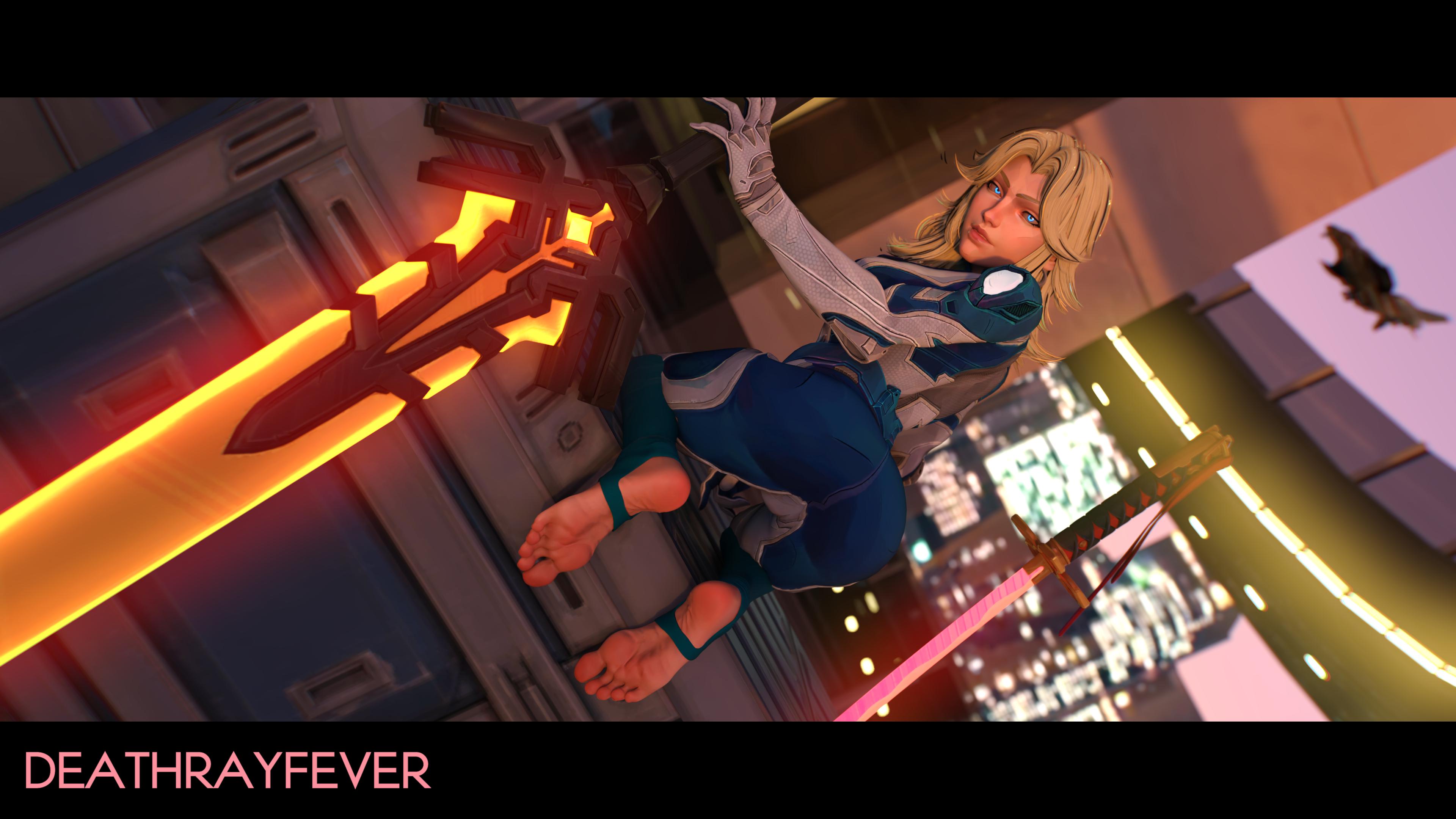 1girls, absurd res, alternate version available, big feet, blonde hair, blue eyes, clothed, clothed female, deathrayfever, feet, female, foot fetish, greatsword, invisible woman, invisible woman (marvel rivals), katana, looking at viewer, looking back, marvel, marvel comics, marvel rivals, soles, sue storm, sword
