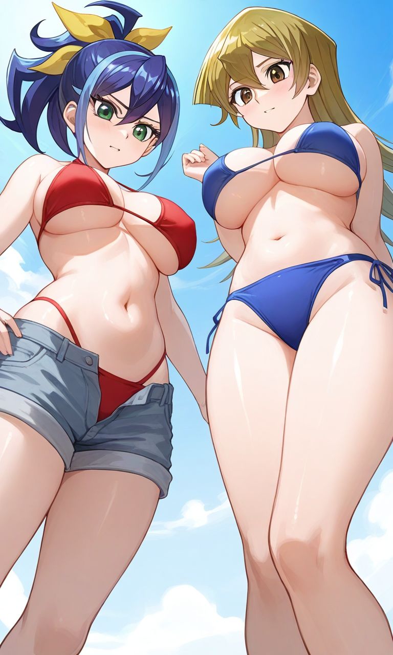 2girls ai_generated alexis_rhodes athenaasamiya bikini blonde_hair blue_hair blush brown_eyes celina green_eyes huge_breasts looking_at_viewer low-angle_view navel open_mouth ponytail ribbon serena_(yu-gi-oh!_arc-v) sexy summer tenjouin_asuka yu-gi-oh! yu-gi-oh!_arc-v yu-gi-oh!_gx