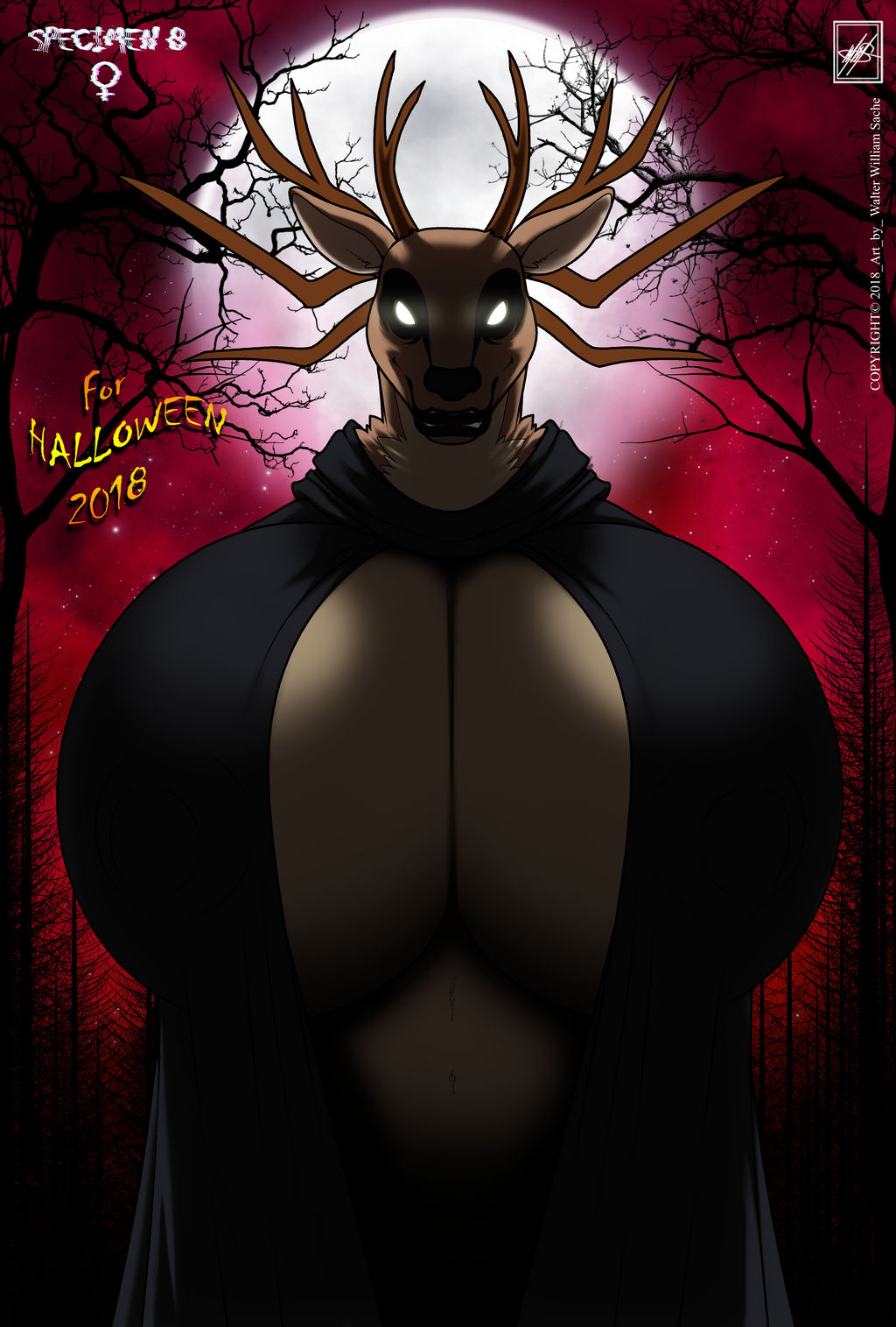 anthro, big lips, black lipstick, breasts, deer, female, glowing eyes, huge breasts, hyper breasts, monster, moon, no pupils, red background, rule 63, solo, specimen 8, spooky's house of jump scares, text, walter sache