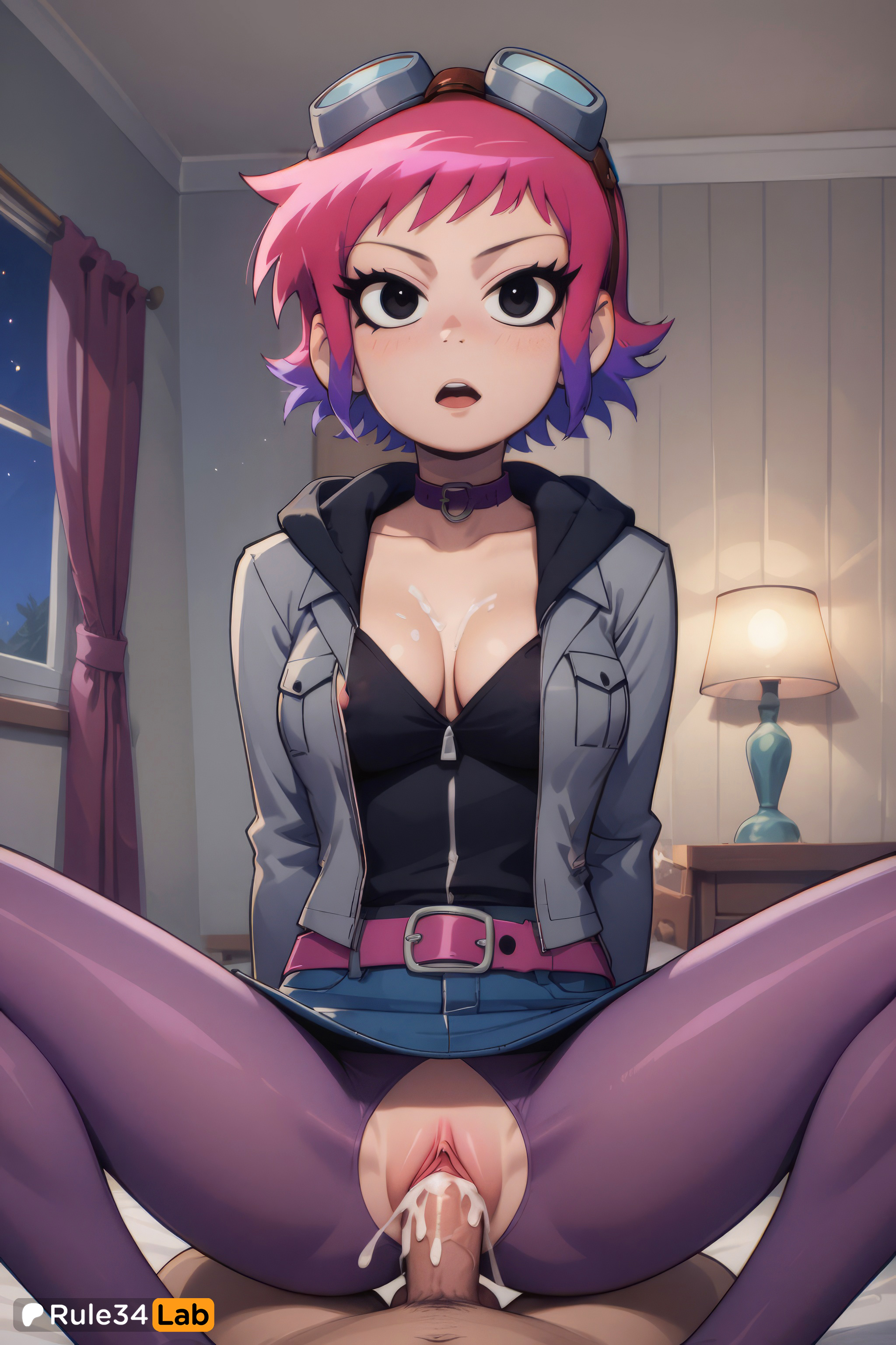 1boy, 1girls, ai generated, belt, black eyes, black shirt, blue skirt, blush, breasts, choker, cleavage, clothed female nude male, clothed sex, collarbone, cowgirl position, cum, cum in pussy, cum on body, cum overflow, curtains, denim, female, goggles, goggles on head, hi res, hood, indoors, jacket, looking at viewer, male, medium breasts, night, nipples, nude, open mouth, pantyhose, partial male, penis, pink hair, pov, pussy, ramona flowers, rule34lab, scott pilgrim, scott pilgrim takes off, sex, short hair, skirt, solo focus, spread legs, squatting cowgirl position, straddling, straight, torn clothes, torn pantyhose, uncensored, vaginal penetration, vaginal sex, window