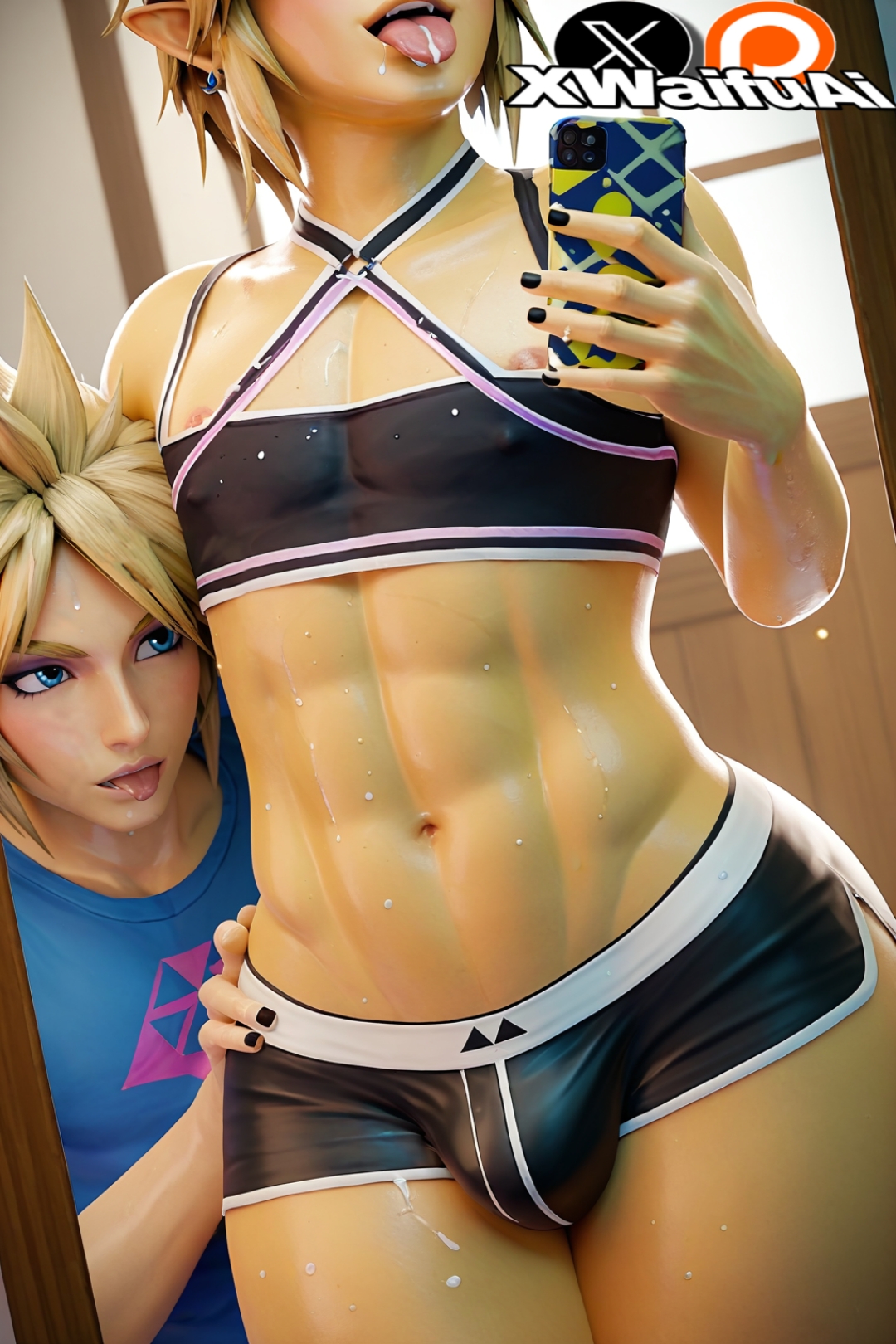2boys, 3d, ai generated, ass, blonde hair, cloud strife, crop top, femboy, femboy only, final fantasy, flat chest, flat chested, gay, gay male, gay sex, huge ass, lifting shirt, link, link (breath of the wild), link (tears of the kingdom), looking at viewer, male, nintendo, sexy, sissification, sissy, square, square enix, thick thighs, video games, xwaifuai