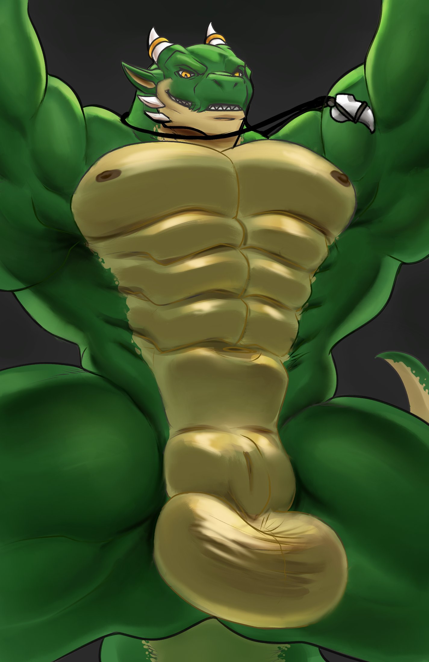 2020 abs animal_genitalia anthro balls barazoku countershading dark_nipples dragon genital_slit genitals green_body grey_background hi_res jewelry male muscular muscular_anthro muscular_male muscular_thighs necklace nude pcz pecs ragner scalie sharp_teeth simple_background slit solo teeth tooth_necklace western_dragon yellow_eyes